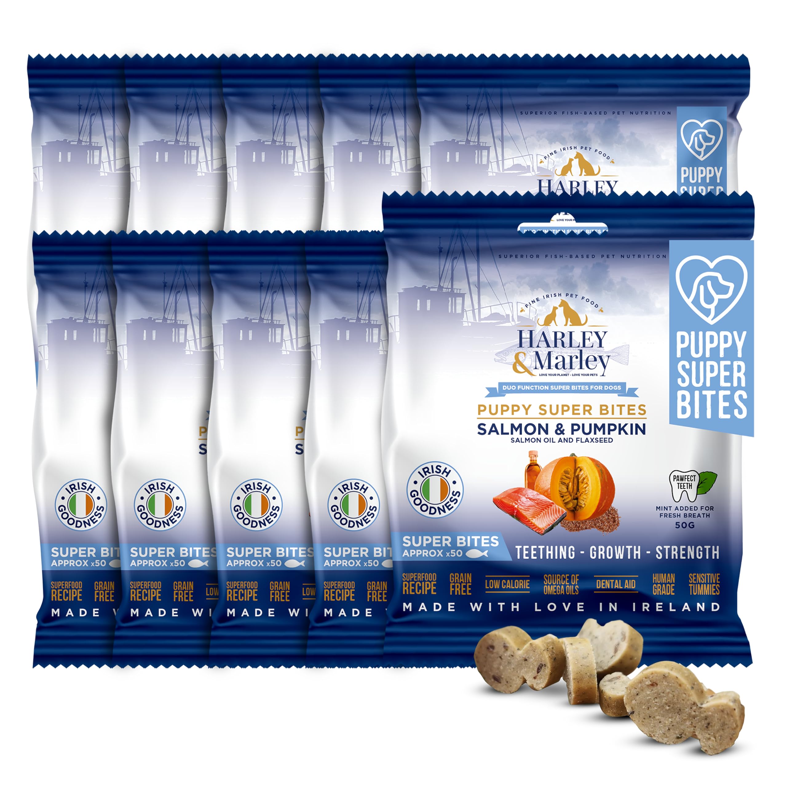 Harley & Marley Puppy Super Bites - Soft Puppy Teething Treats with Salmon, Pumpkin, Flaxseed & Salmon Oil - Natural Treats for Growth, Digestion & Healthy Teeth & Gums - 10pk (50/pk)
