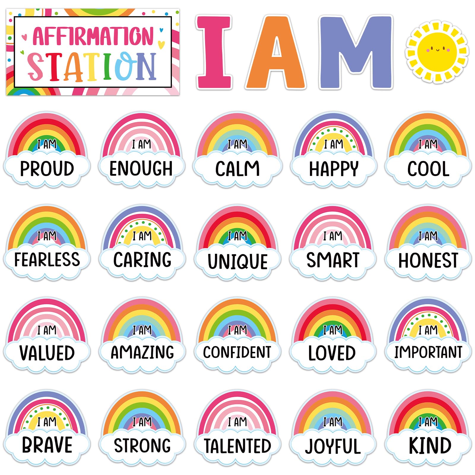 Frienda Rainbow Affirmation Station Bulletin Board Set Motivational Posters Classroom Mirror Growth Mindset Decor Positive Affirmations Accents Cutouts for School Office Home Teacher Wall Supply
