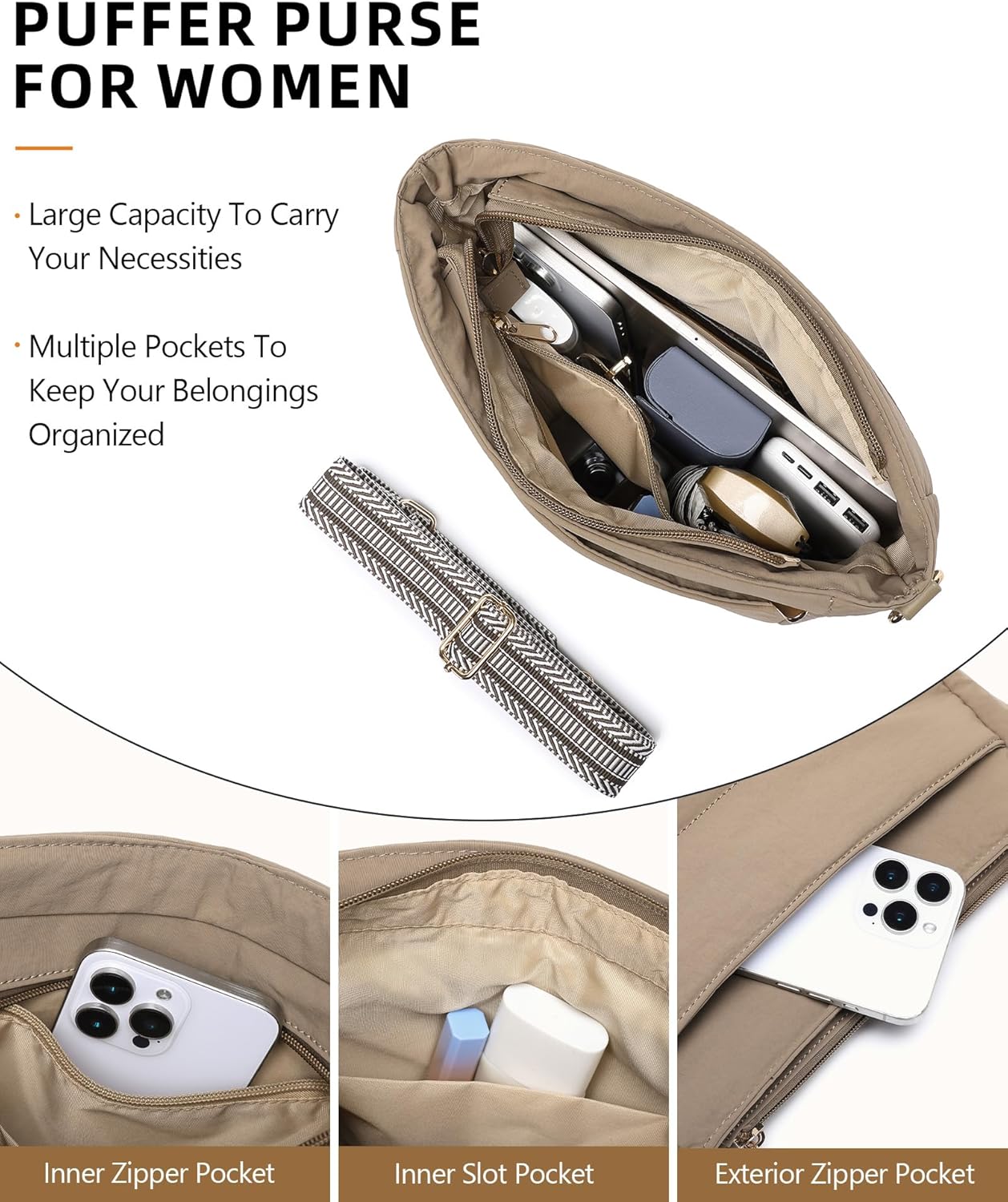 Purses for Women 2PCS Puffer Quilted Crossbody Shoulder Hobo Bags Trendy Ladies Handbag with Coin Wallet 2 Adjustable Straps - Image 4