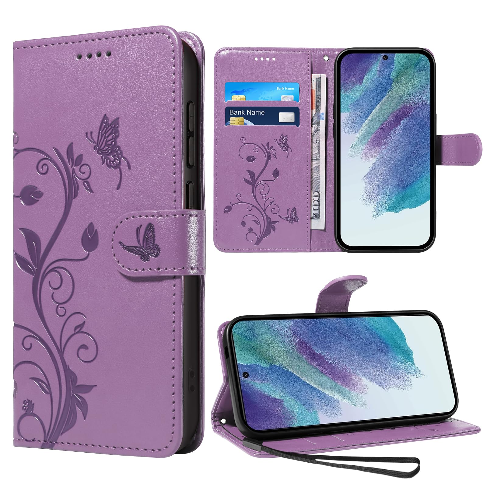 Vanki Lederhülle Kompatibel mit Samsung Galaxy S21 FE Hülle Flip Wallet PU Handyhülle Galaxy S21 FE mit Leder und Prägung Mit Ständer und 3 Kartenfächer Leder Schutzhülle für Samsung S21FE (Lila)