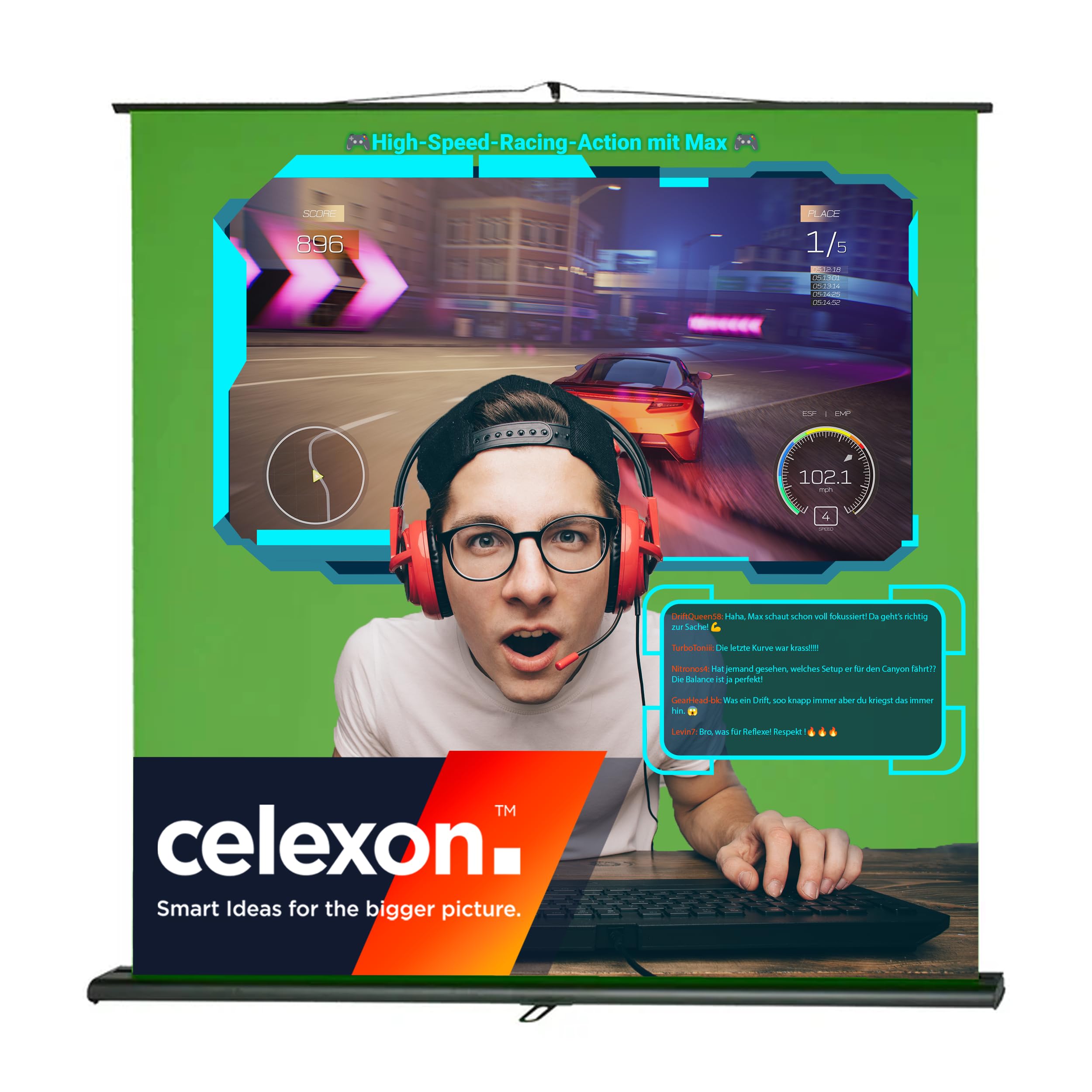 celexonGreenscreen Mobile Lite pull-up Chroma-Key 100" | 150x200 cm 4:3 | Photo background for video content, live streaming, cam calls | Space-saving roll-up screen with telescopic pole