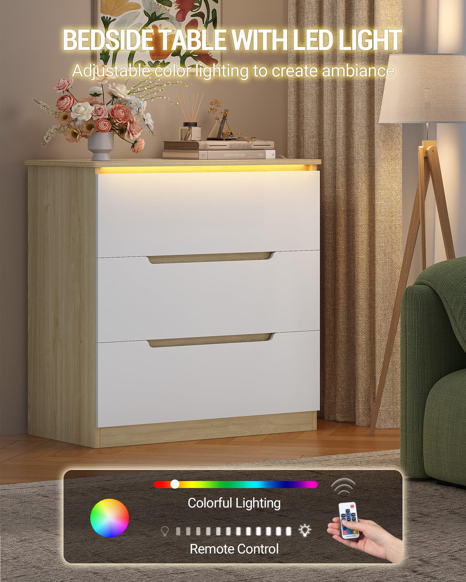 Hzuaneri Cassettiera, 3 Cassetti, Cassettiera Camera da Letto con Striscia Luminosa a LED, Stile Moderno, Adatto per Soggiorno, Camera da Letto, Corridoio, 40 x 70 x 80 cm, Bianco-Rovere EDC01331XEU