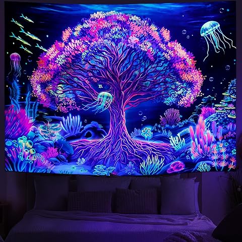 Amhokhui Blacklight Tree Tapestry UV Reactive Underwater World Tapestries Trippy Jellyfish Colorful Plant Tapestry Neon Coral Reef Marine Life Tapestries Wall Hanging Decor for Home