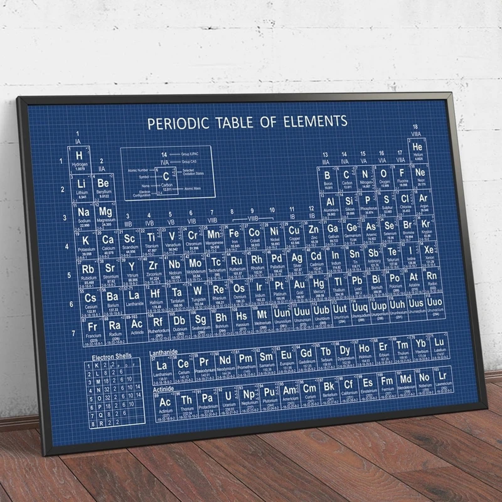 YAJNILUCK Chemie-Periodensystem-Wandkunst, Poster und Drucke, Elemente, Leinwandgemälde, Chemie-Periodensystem-Labor, Heimdekoration, 20 x 30 cm (8 x 12 Zoll), Innenrahmen