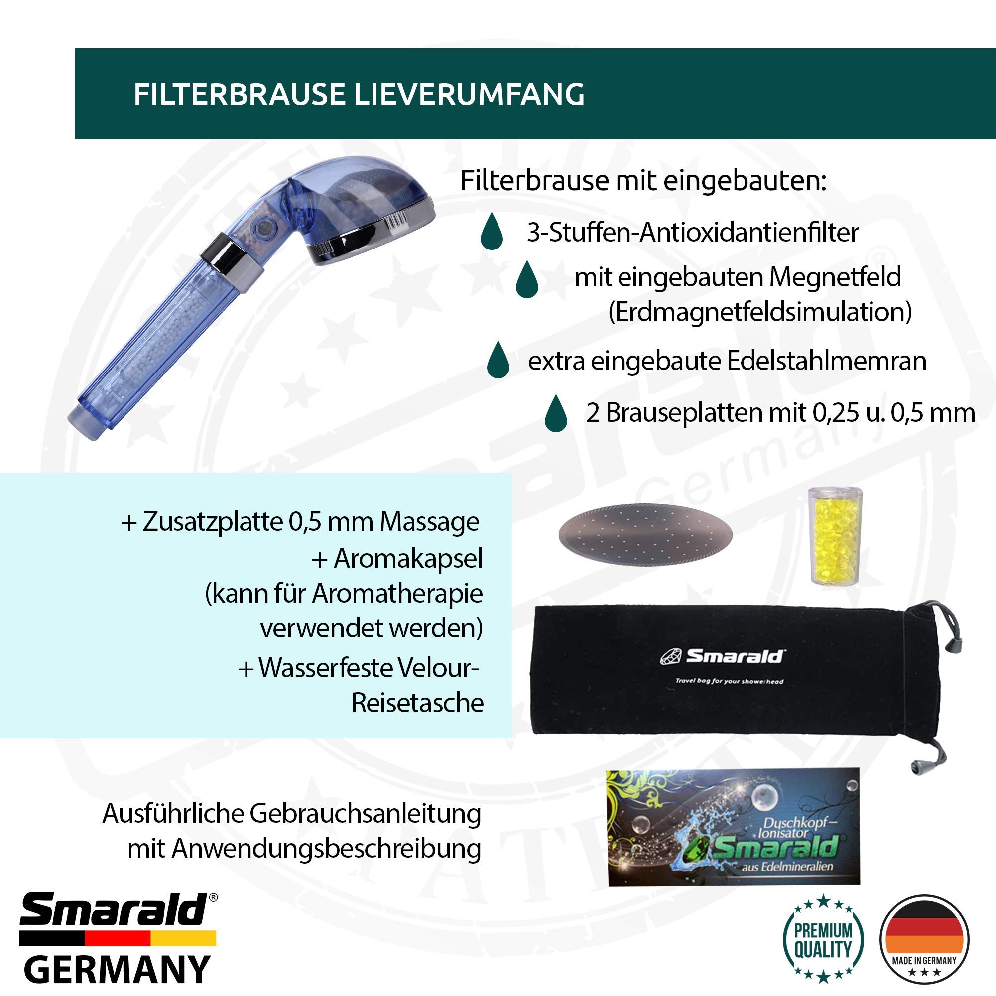 Alcachofa de ducha con filtro antiedad integrado de Smarald® perfecto para el cuidado del cabello y la piel.