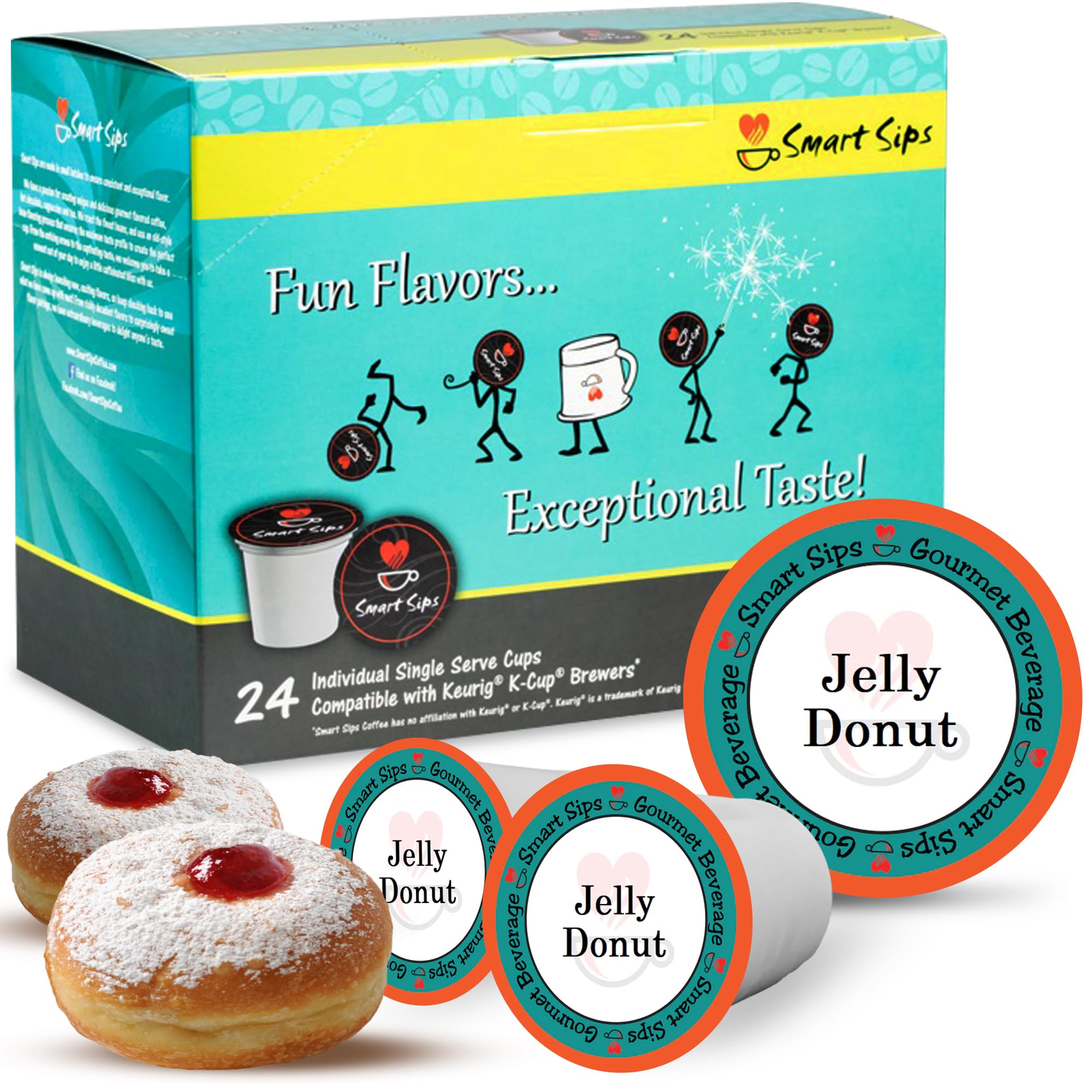 Smart Sips Coffee, Jelly Donut Coffee, Medium Roast, Gourmet Flavored Coffee Single Serve Pods for Keurig K-Cup Brewers, 24 Count