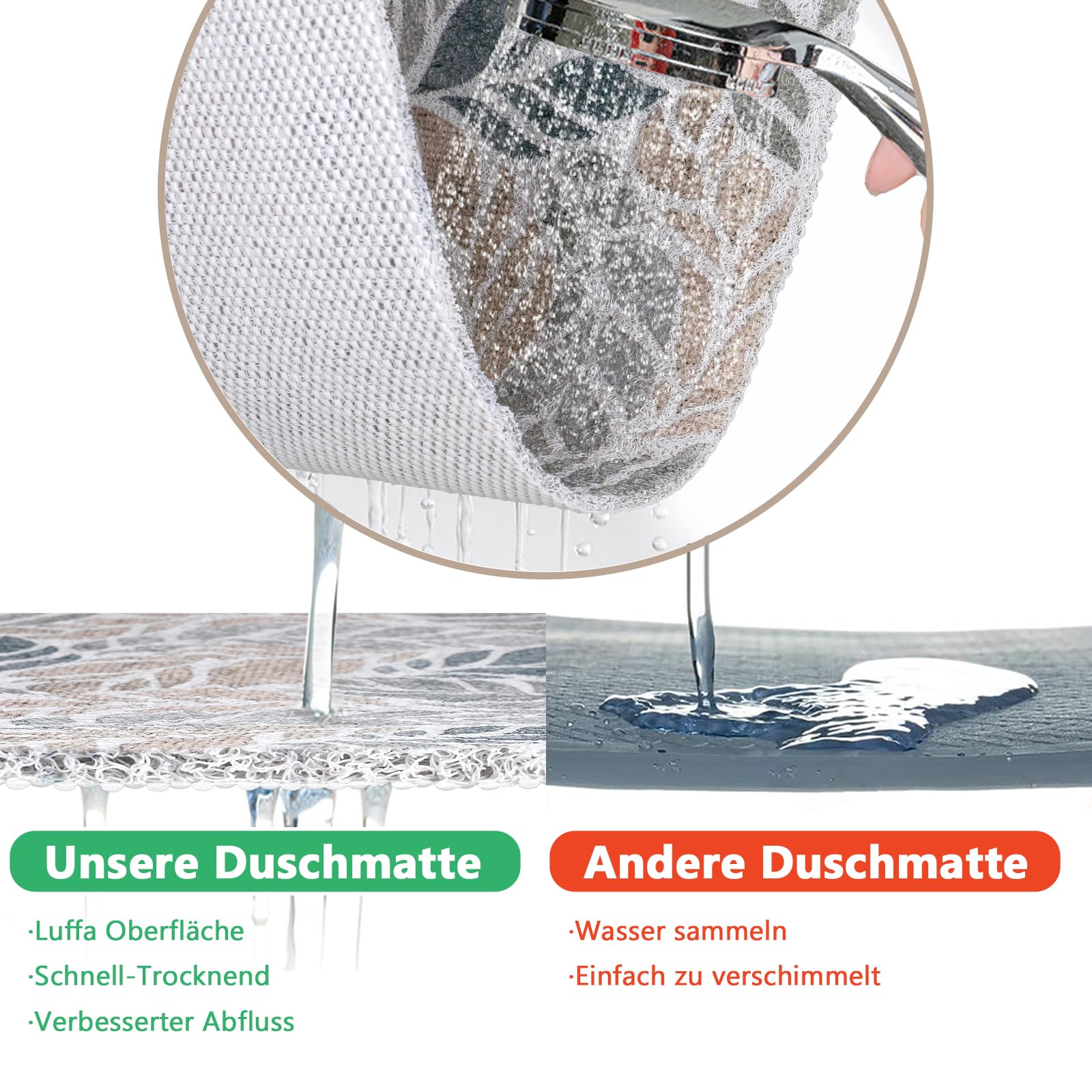 Tapis de douche antidérapant 92 x 92 cm - Tapis de douche PVC-Luffa - Insert de douche doux et confortable antidérapant - Séchage rapide - Tapis antidérapant pour salle de bain et receveurs de
