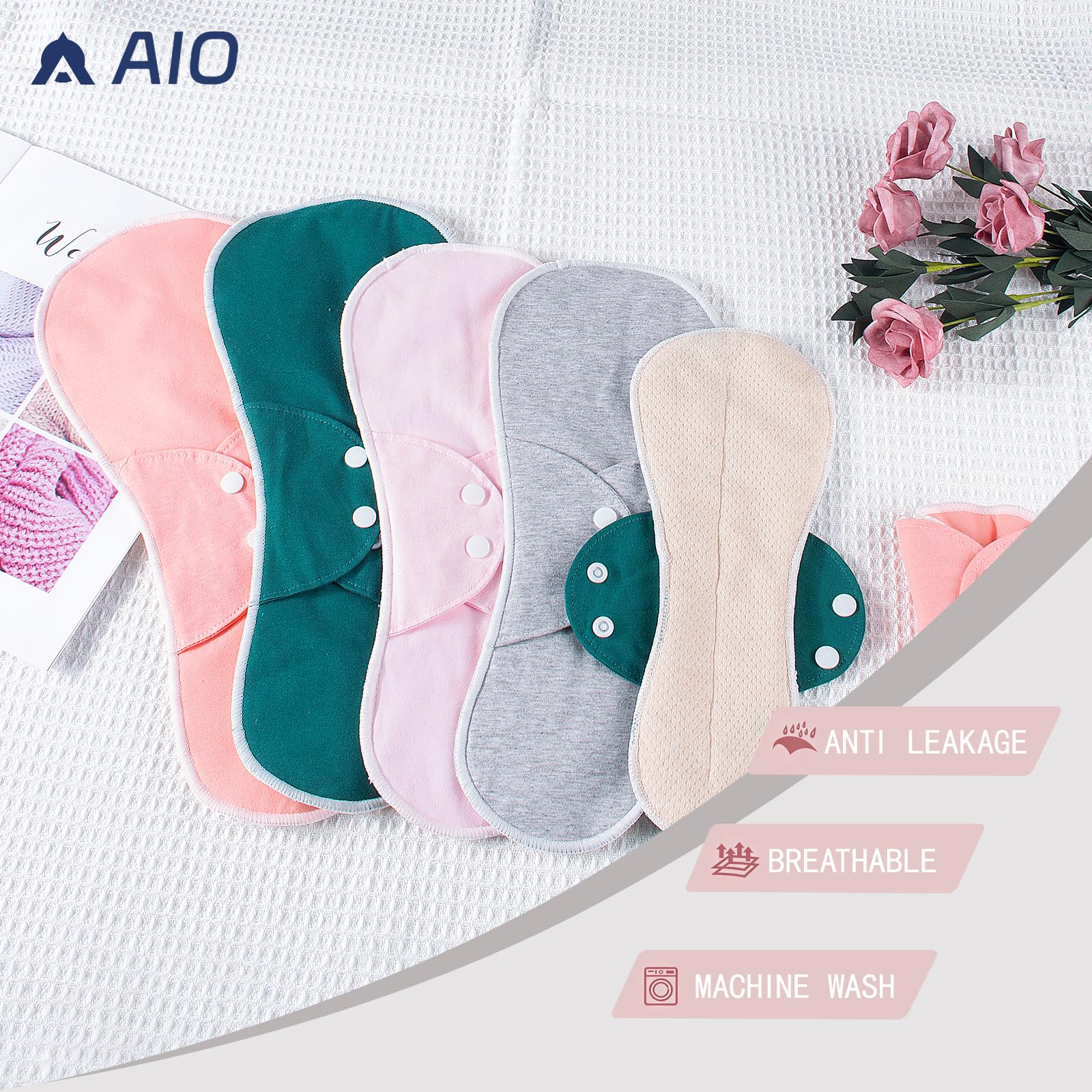 AIO Reusable Washable Cloth Menstrual Pads Sanitary Pad for Woman Large Size(4.13 * 10.23/4.72 * 11.8/5.51 * 13.4/6.3 * 14.96inch) Including 6 pcs Pads with 1 Wet Bag