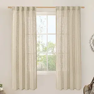 LAMIT Light Filtering Linen Curtains 72 Inches Long for Bedroom, Linen Textured Semi Sheer Back Tab and Rod Pocket Boho Drapes for Window/Living Room, Linen, 2 Panels, 34 x 72 Inch