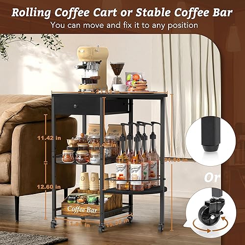 Miniatura 4 de VINAEMO Estación de café con ruedas y cajón de almacenamiento, soporte de mesa grande de 15.35 pulgadas de profundidad para cocina, oficina, sala de