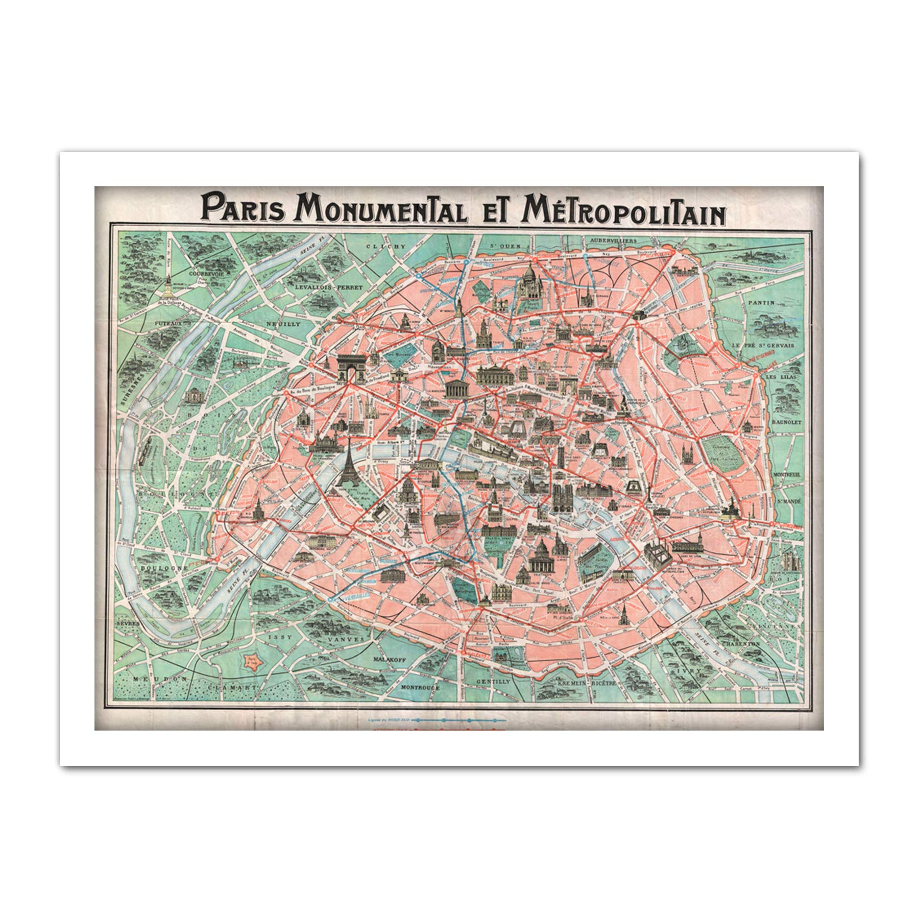 Wee Blue Coo Robelin Paris Monument Map French Artwork Framed Wall Art Print 18X24 Inch