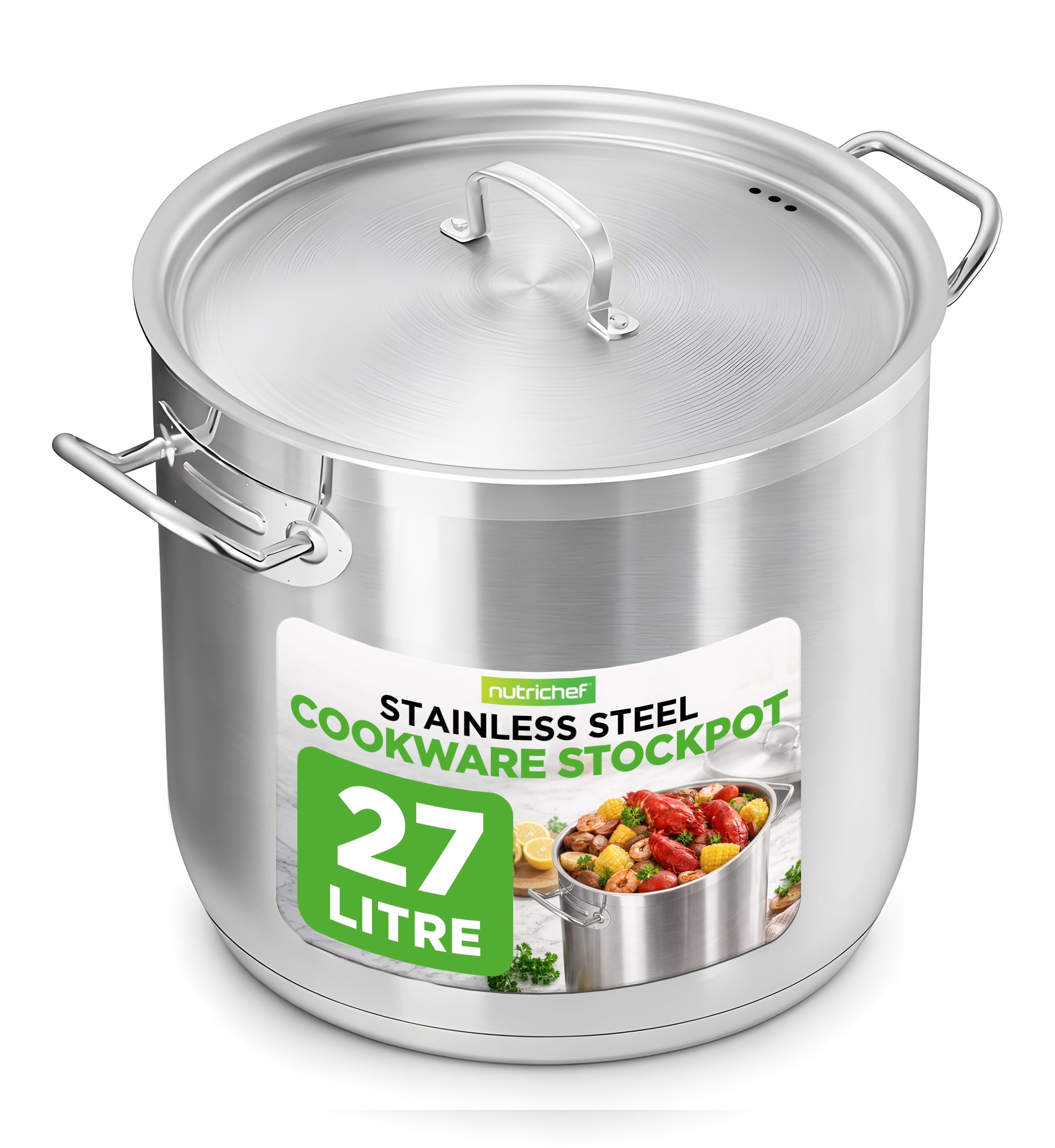 NutriChef Stainless Steel Stock Pot with Lid, 27 L Big Stockpots for Stew, Soup, Pasta, Meat- Induction Ready, Large Cooking Pot with Ergonomic Handles, Uncoloured