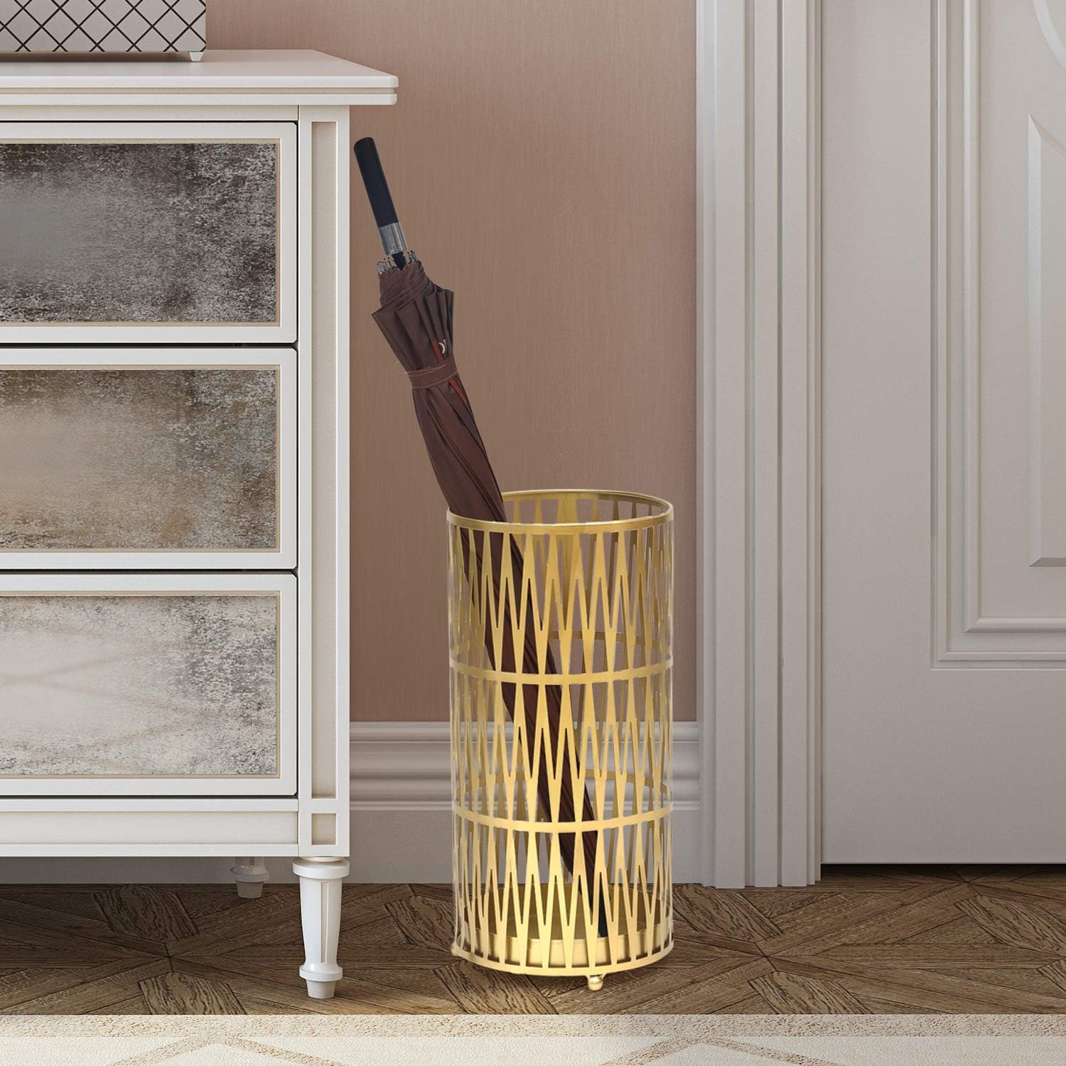 joveco umbrella racks- gold metal round umbrella stand holder with drip tray for home entryway- free standing holders for canes walking sticks and hiking poles (gold chevron) round- gold chevron