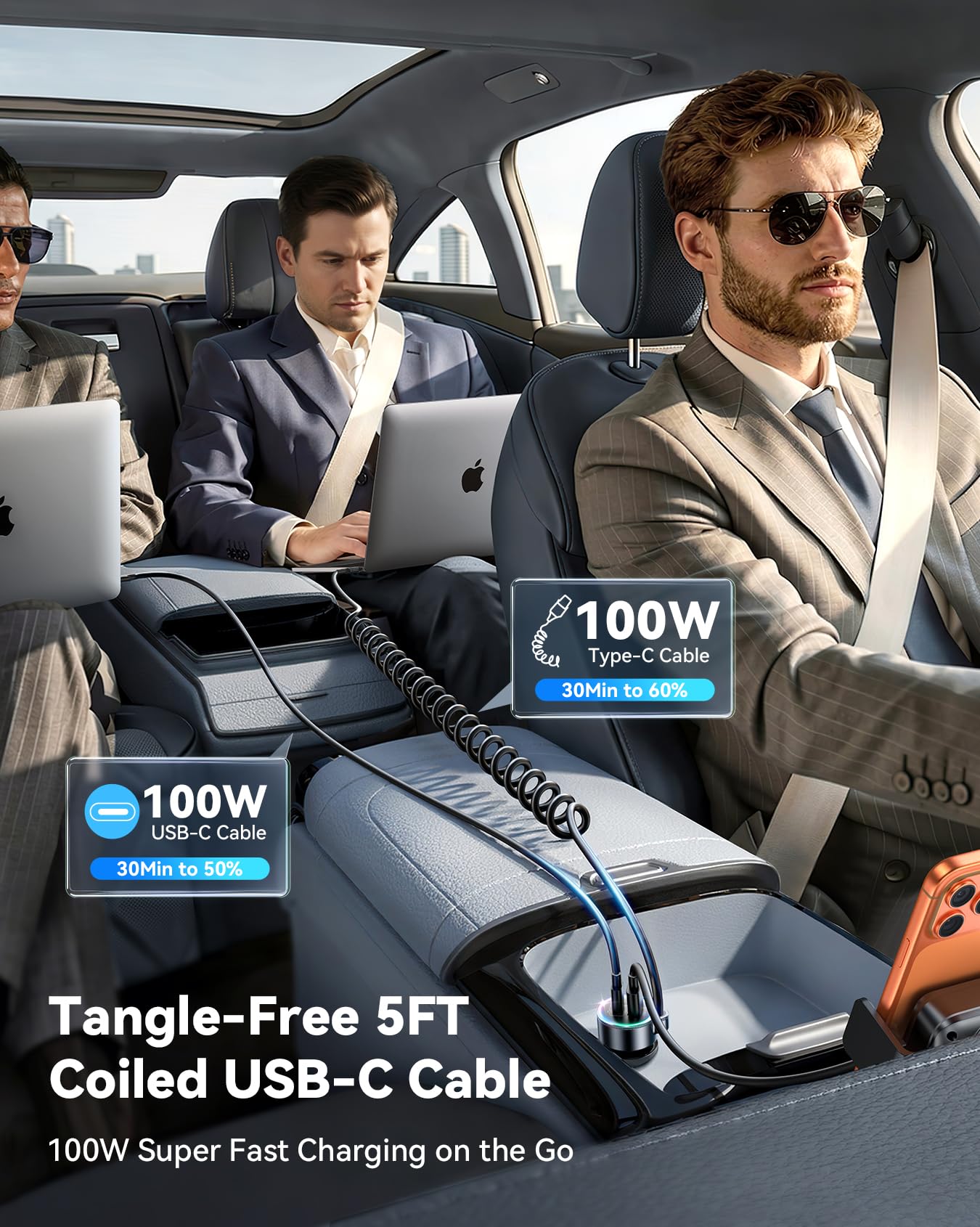 200W Car Charger USB C, PD100W Fast Charge w/100W Type C Fast Charging 5FT Coiled Cable, PD3.0/QC4.0/PPS Cigarette Lighter Phone Adapter for iPhone 17/16 ProMax, MacBook Pro/Air, Samsung S26/S25, iPad - 5