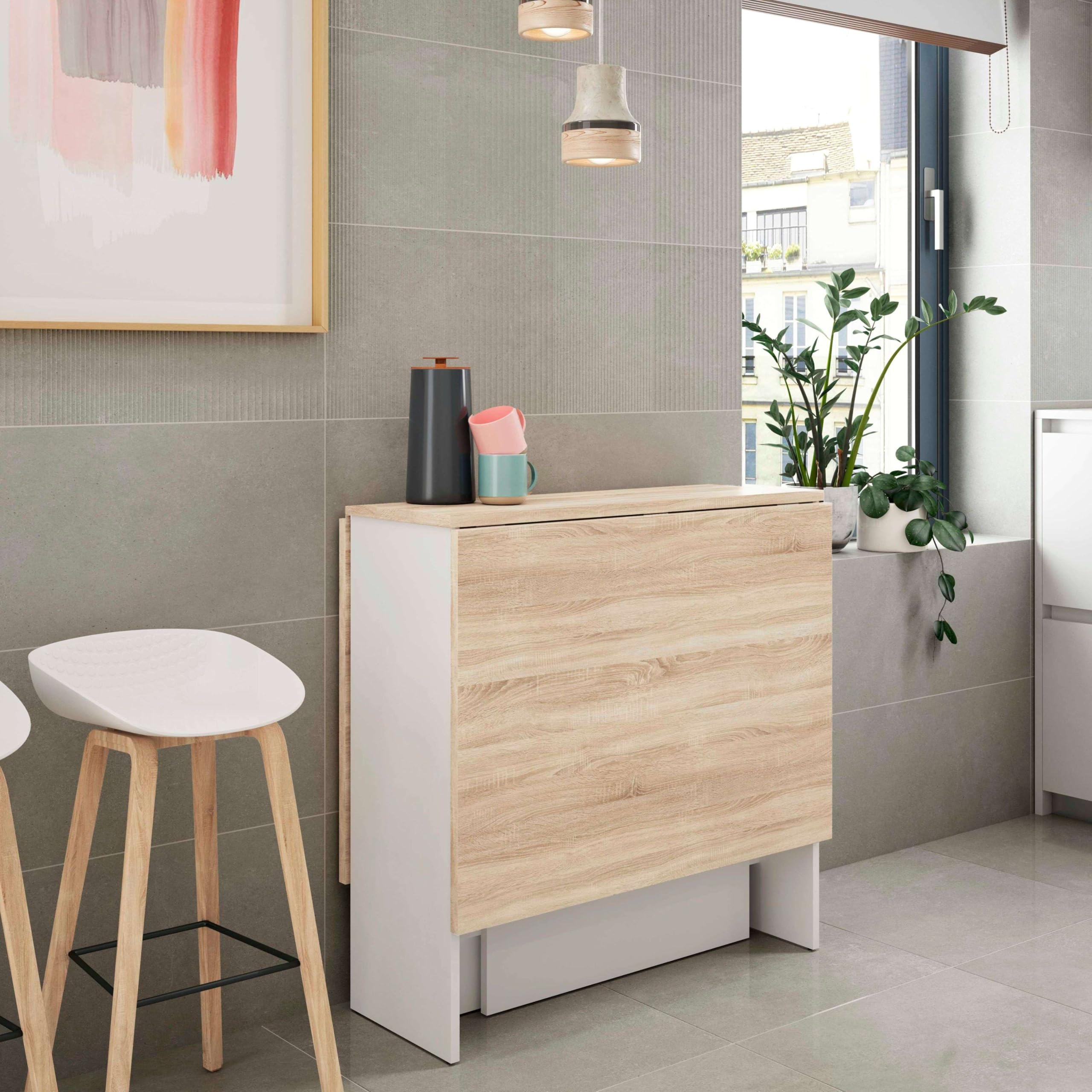 Habitdesign Mesa Auxiliar con Alas Abatibles, Mesa Cocina, Color Blanco Artik y Roble Canadian, Medidas: 77 cm (Largo) x 31-140 cm (Ancho) x 79 cm (Alto), Modelo Fly