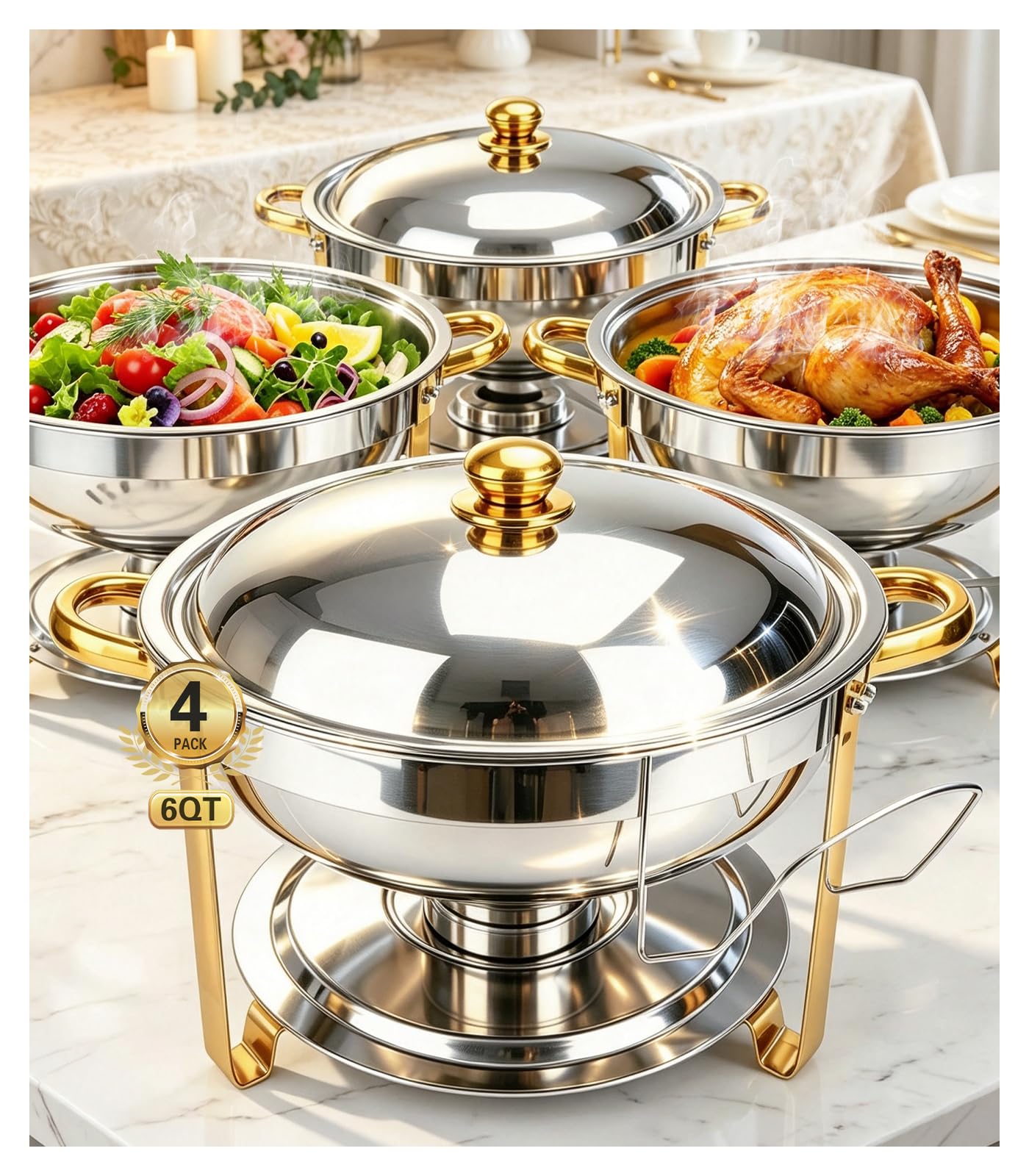 Chafing Dishes for Buffet 4 Pack, 6QT Round Chafing Dish Buffet Set Stainless Steel Buffet Food Warmers Set for Catering Events Party Dinner with Complete Set, Gold and Silver Chafing Dishes for Party