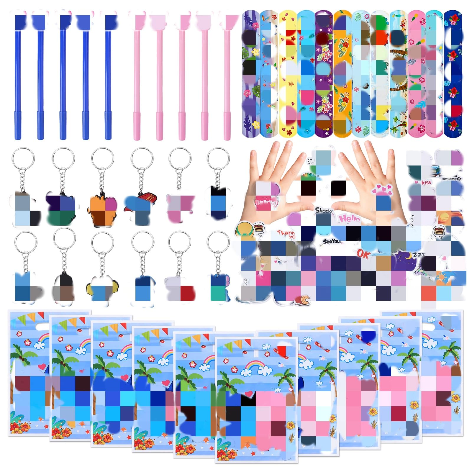 Kids Party Bag Filler, 94PCS Party Bag Gadgets Containing Slap Bands, Keychains, Stickers, Pens and Gift Bags, Birthday Party Gift Prizes for Boys and Girls