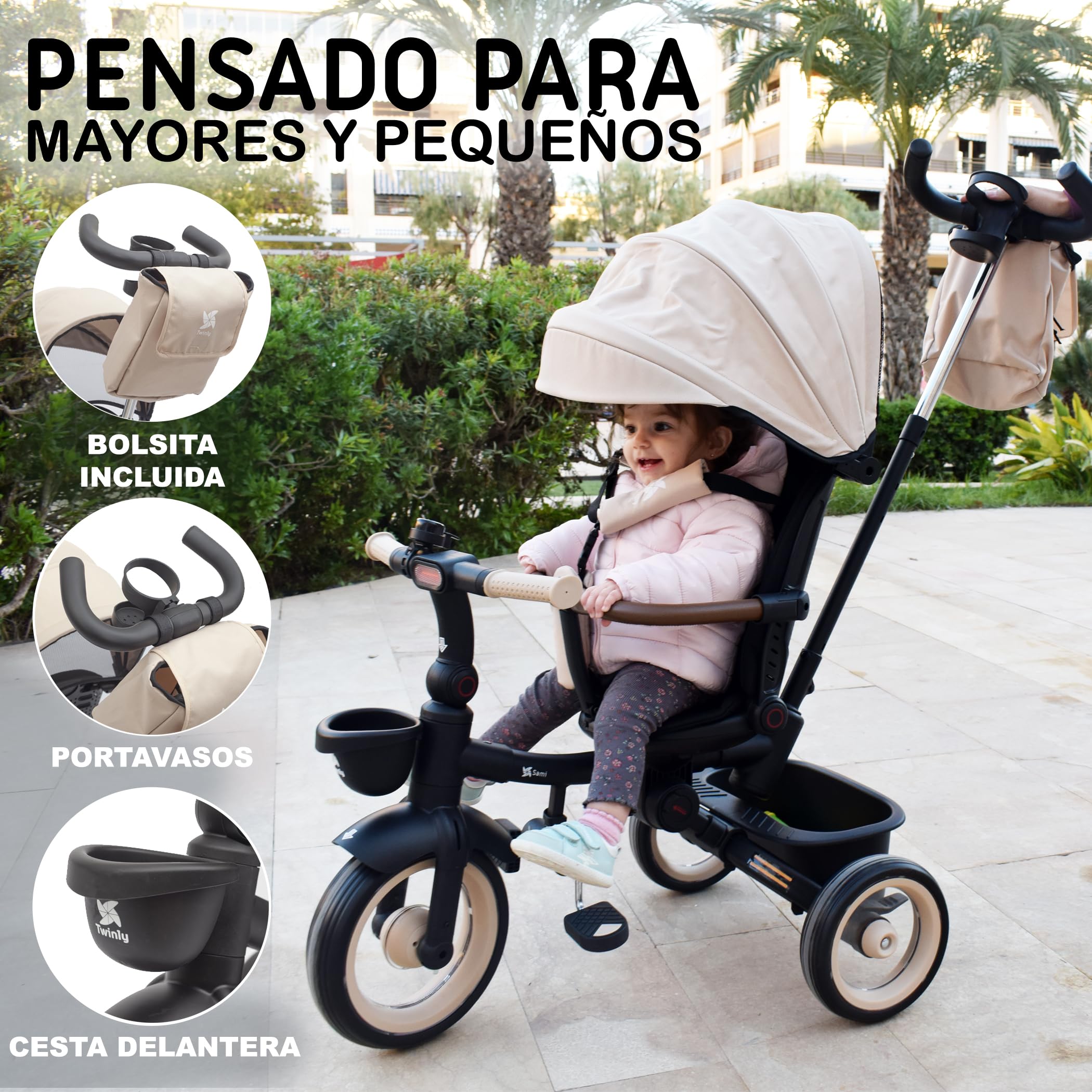 Twinly Triciclo Evolutivo Bebé Plegable Sami, Verde Oscuro | Asiento Reversible 360° , Respaldo Reclinable, Cinturón de 5 Puntos, Capota UPF50+, Plegado Compacto