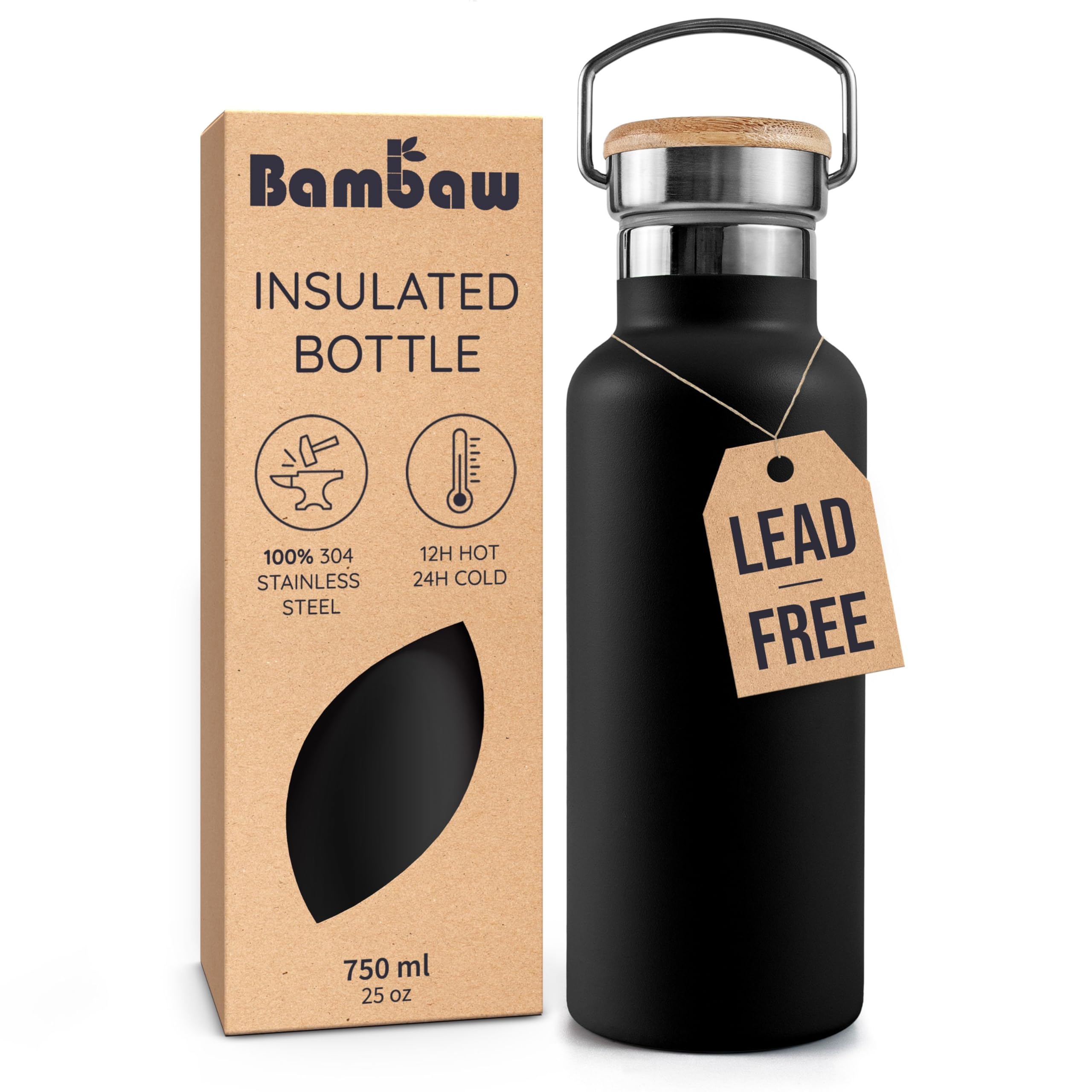 Bambaw Insulated Water Bottle 24 oz, Double Wall Stainless Steel Water Bottles, Keep Drinks Cold 24h & Hot 12h, Reusable & Easy to Clean, Great for