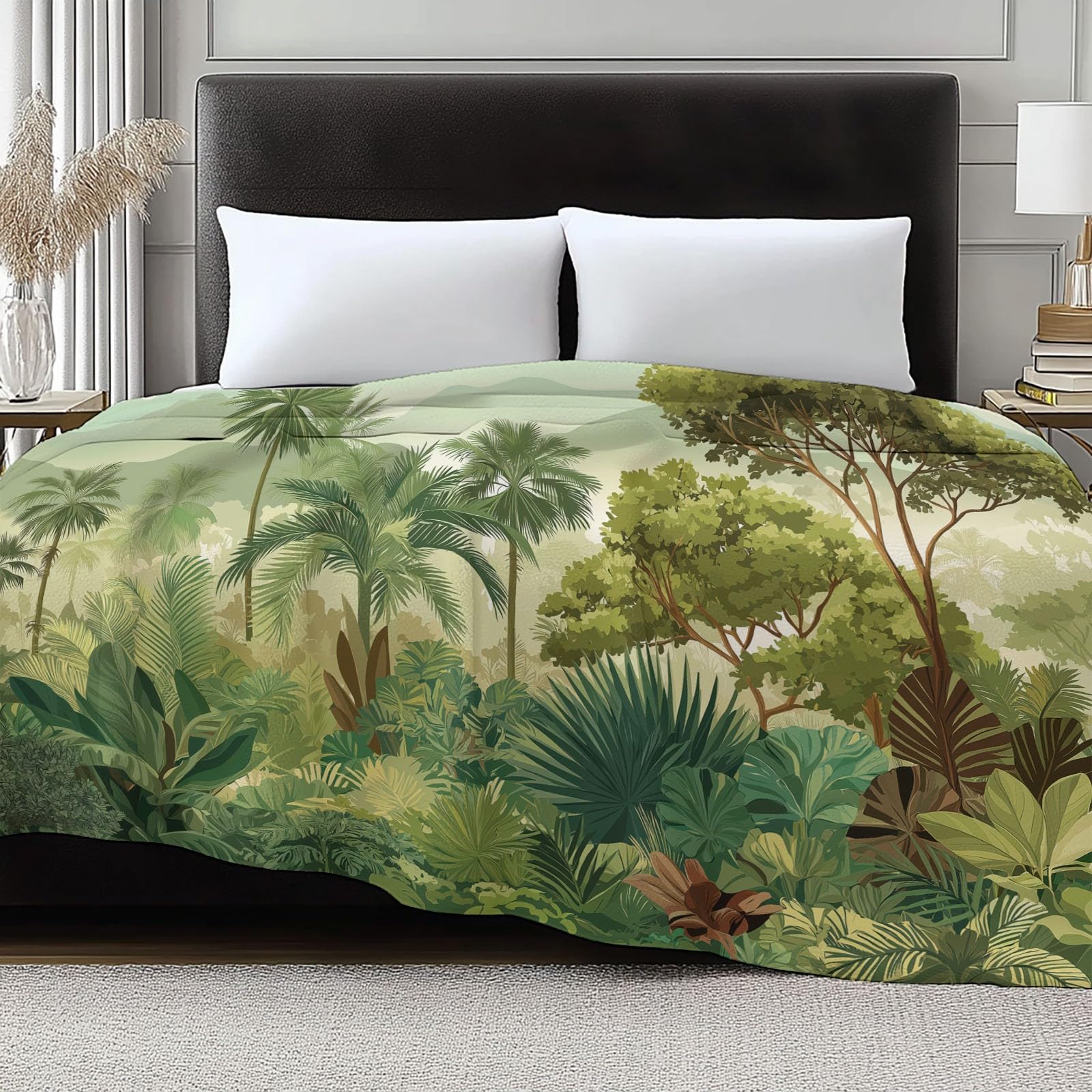 Flanelowy koc krajobraz lasu deszczowego wilgotne drzewa palmowe 150 x 200 cm Koce polarowe z mikrofibry Polar Wszystkie pory roku na podróż Sofa do podróży Łóżko Sofa Dzieci Dorośli, Zielony