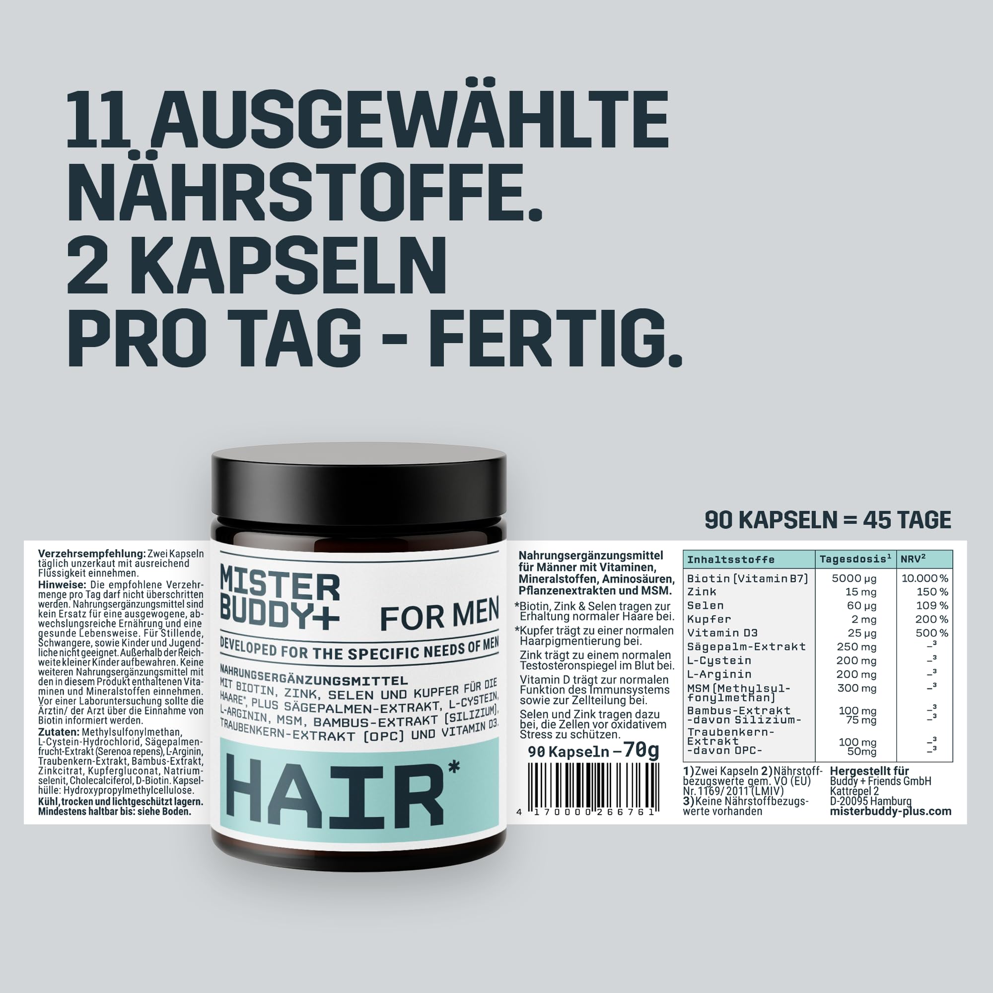Mister Buddy+ HAIR – Nährstoff-Komplex mit 5.000 µg Biotin – 90 Kapseln