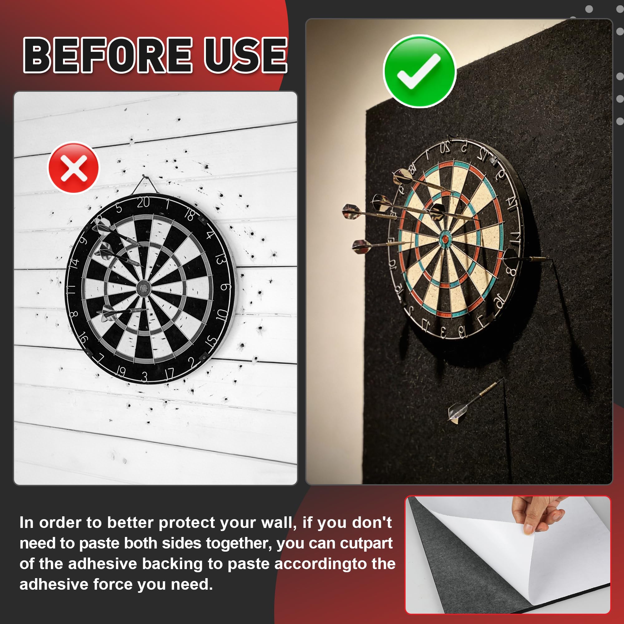 9PCS Dart Board Wall Protector - 12"x12"Felt Dartboard Wall Protection,Self-Adhesive Dart Board Surround Backing,for Man Cave, Party & Game Room - 4
