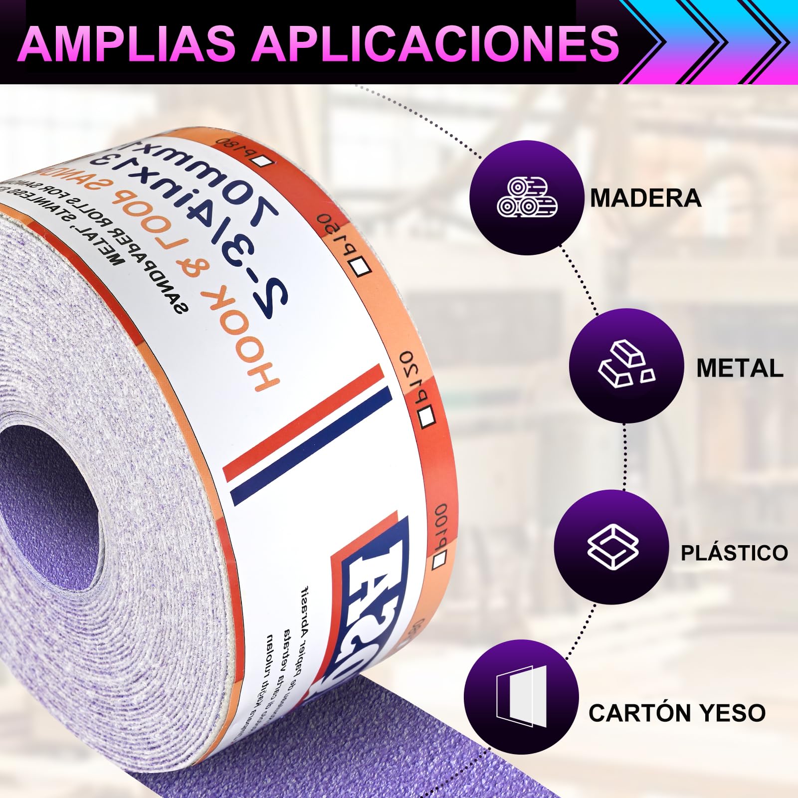 Rollo De Papel De Lija Con Gancho Y Bucle, 12m X 70mm, Grano 40, Papel De Lija De Cerámica, Adecuado Para AutomocióN, Lijado De Madera Y Metalurgia(Cerámica)