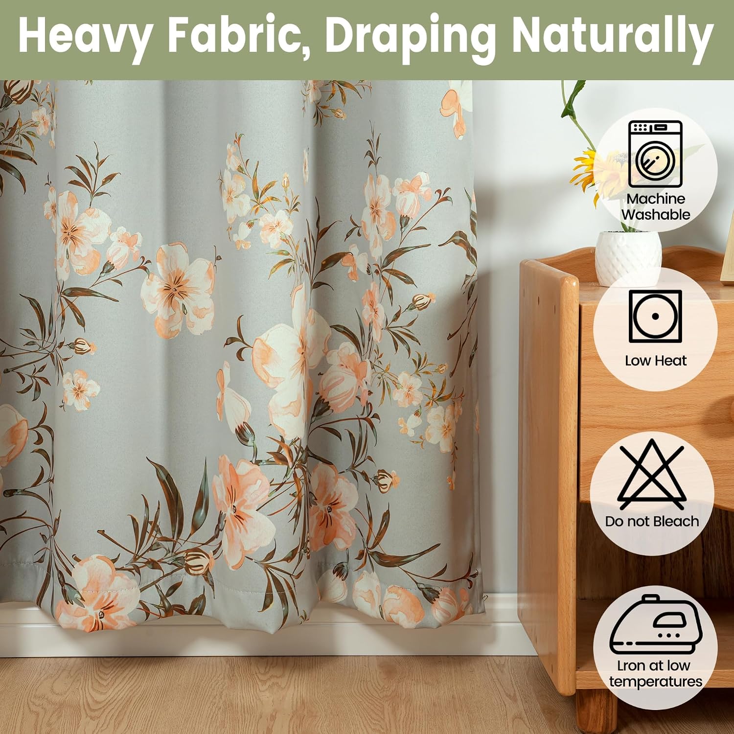 Vintage Floral 95% Blackout Curtain for Bedroom Thermal Insulated Privacy Curtain Farmhouse Style Window Treatments, 2 Panels 52" W x 63" L