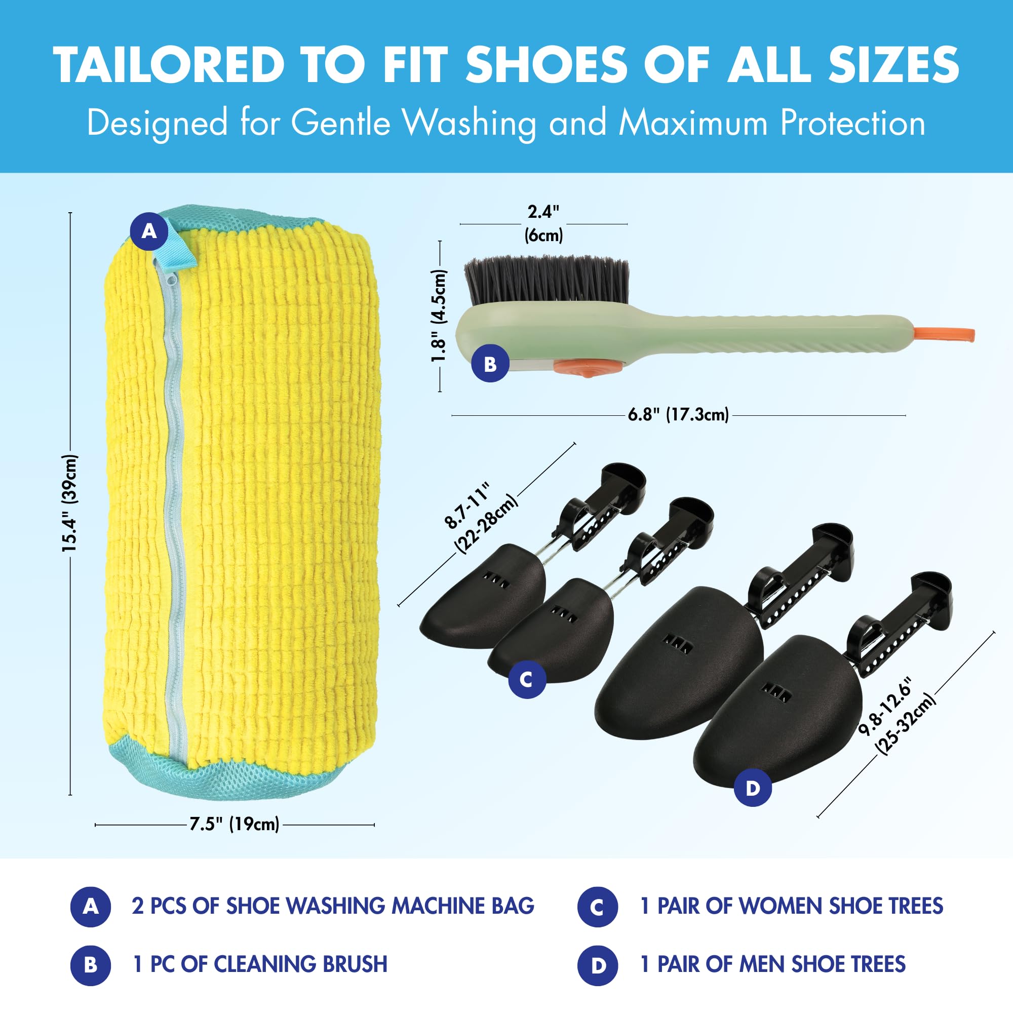 Shoe Washing Machine Bag with Adjustable Shoe Trees & Cleaning Brush – Reusable High-Quality Shoe Laundry Bag for Washer and Dryer with Durable Locker Zipper – Sneaker Bag for Washing Machine
