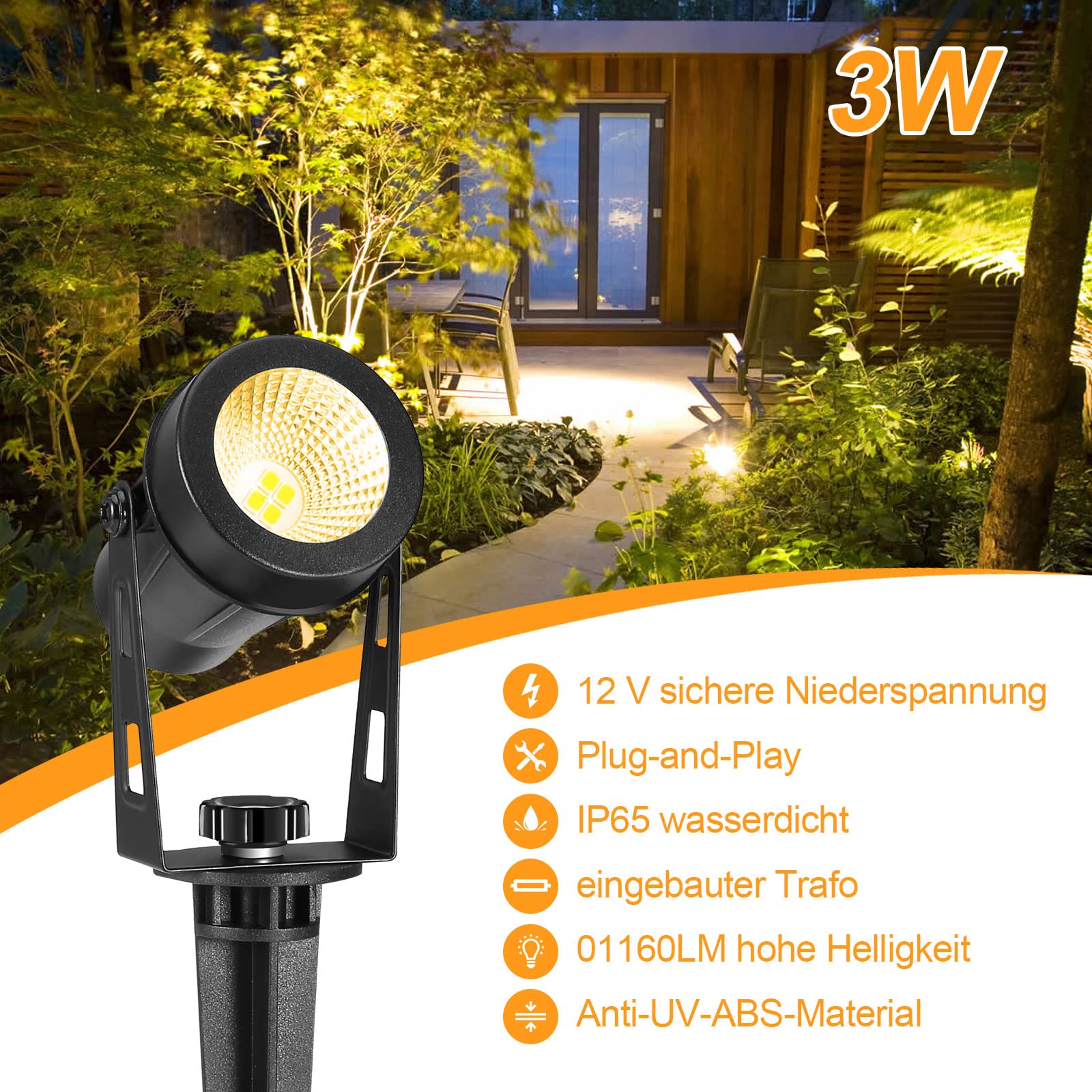 ECOWHO Gartenbeleuchtung LED, 12V 3W Gartenstrahler, mit Erdspieß und Stecker IP65 wasserdicht LED Gartenleuchten, Gartenspots mit Kabel für Außen Garten Rasen.(Warmweiß, 4er-Pack)