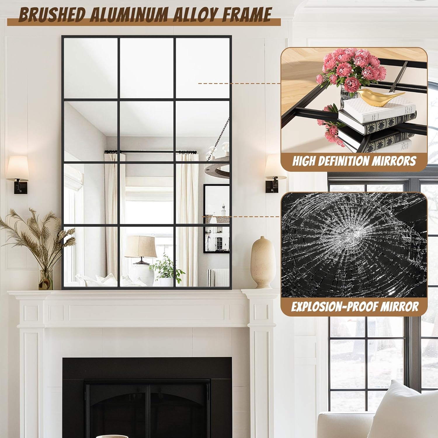 Antok Decorative Mirrors for Wall Decor, 24" x 36" Decorative Wall Mirror Black Window Mirrors Wall Mounted Decorative Mirror for Living Room Dining Room Hallway Entryway，Black,Retro Rect Style
