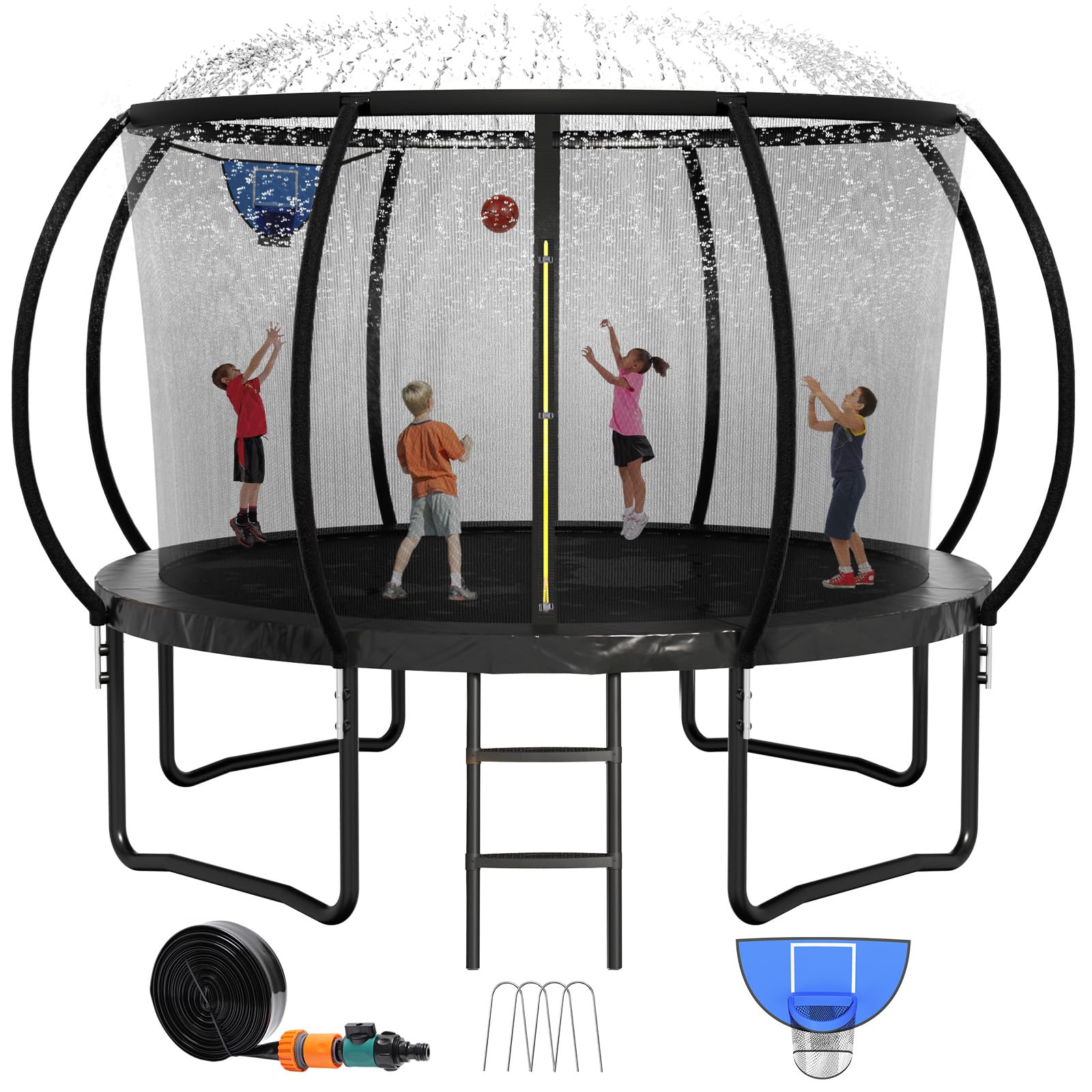 Outdoor Trampoline for Kids & Adults, 14 FT Recreational Trampoline w/Ladder & Safety Net, Heavy Duty Backyard Metal Trampoline, 400/450LBS Round Pumpkin Trampoline, ASTM Approved