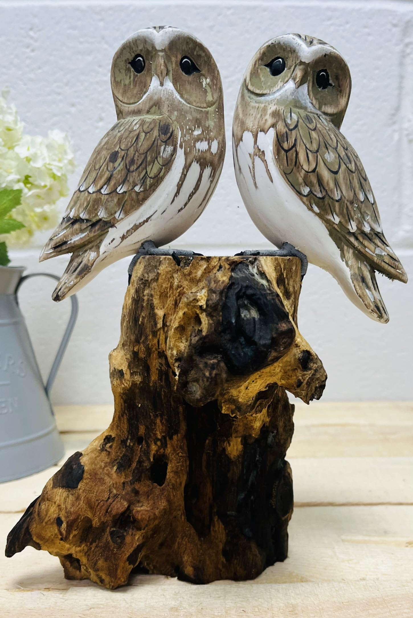 My Square Mile Double White Owl Bird Statue Ornament | Wooden Hand Carved Bird | Tree Stump Painted Great British Birds Indoor/Outdoor Garden Ornament (Double White Owl)