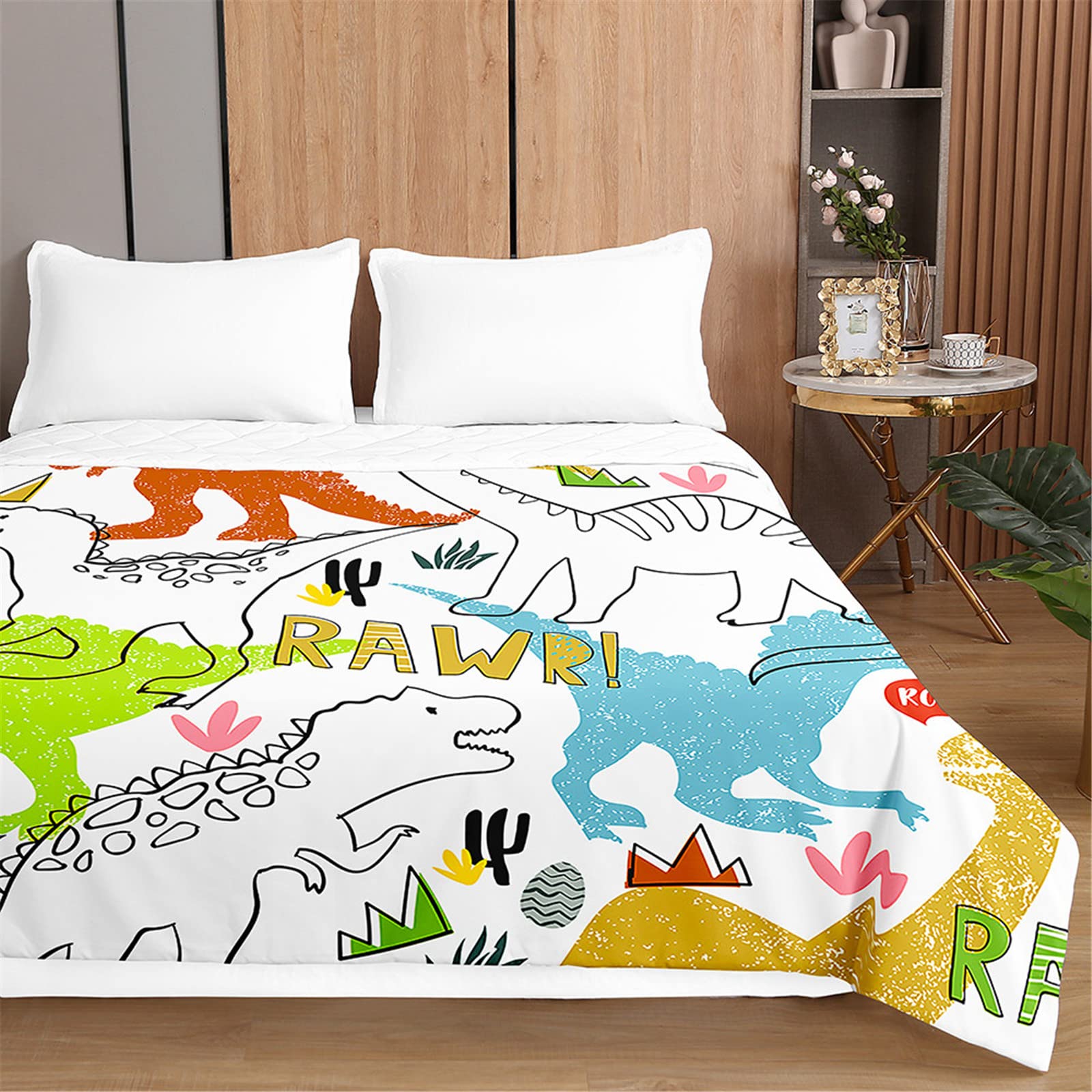 Oduo Dinosaur Print Quilted Bedspread Throw Soft Microfiber Lightweight Coverlet Quilt, Double King Quilted Coverlets Comforter Sofa Bed Cover Bedding for Bedroom (Painting dinosaurs,200x230cm)