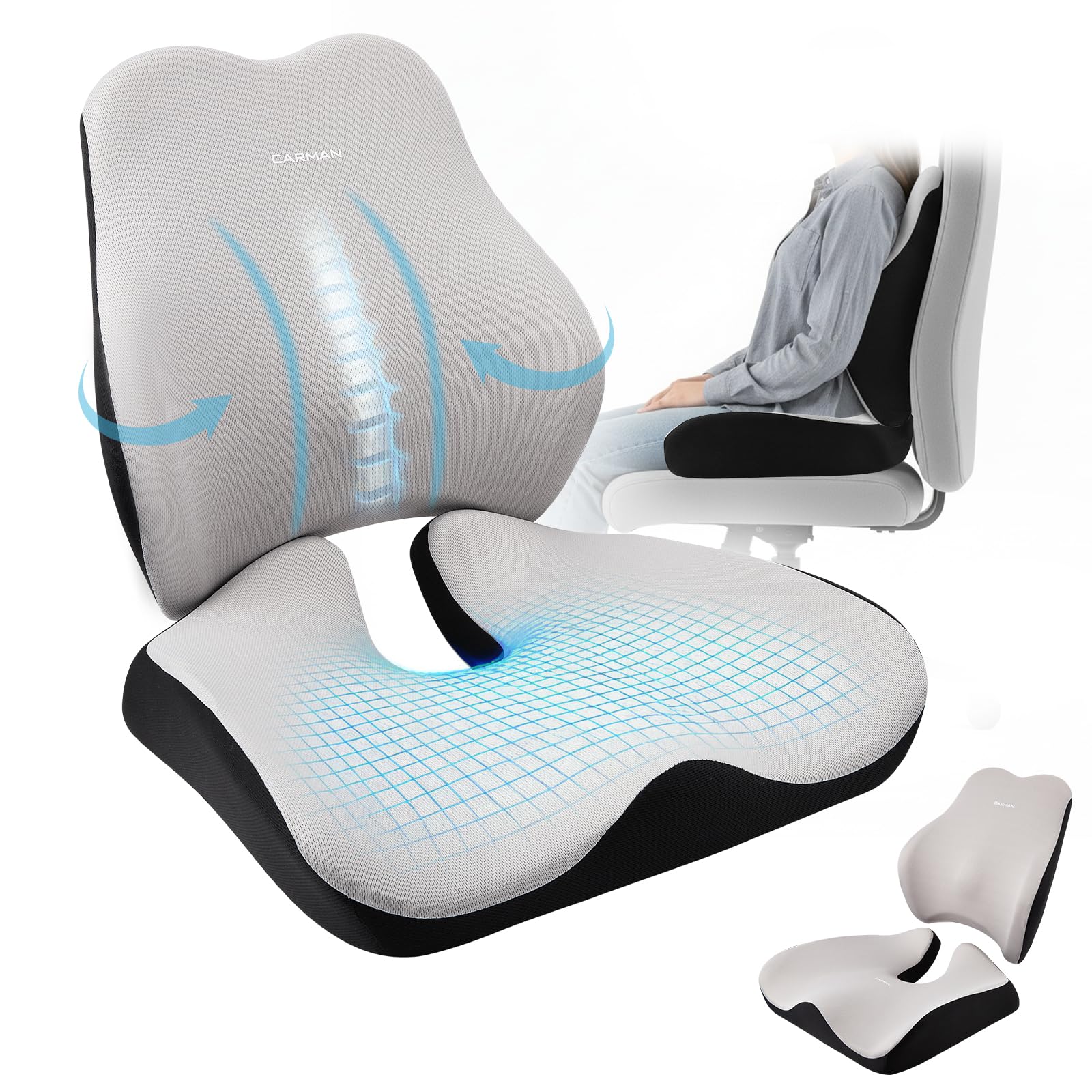 Cuscino per seduta e schienale, cuscino ortopedico per alleviare la pressione per il coccige, cuscino ergonomico per coccige, memory foam per ufficio e auto