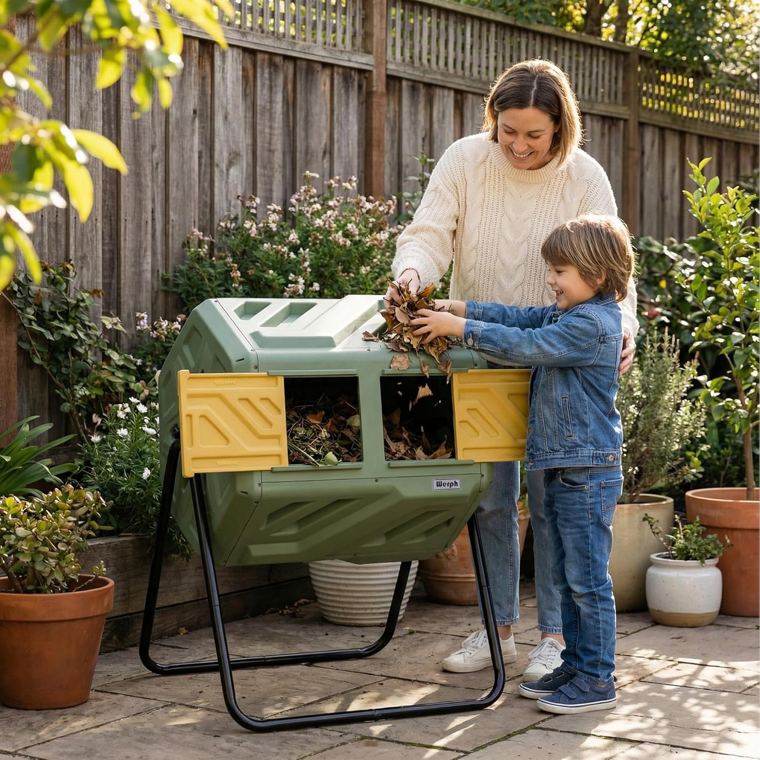 Werph Updated 43 Gallon Dual-Chamber Compost Bin, Fast Assembly Outdoor Compost Tumbler, Rotating Batch Composter Bin with Gloves for Garden, Kitchen, and Yard