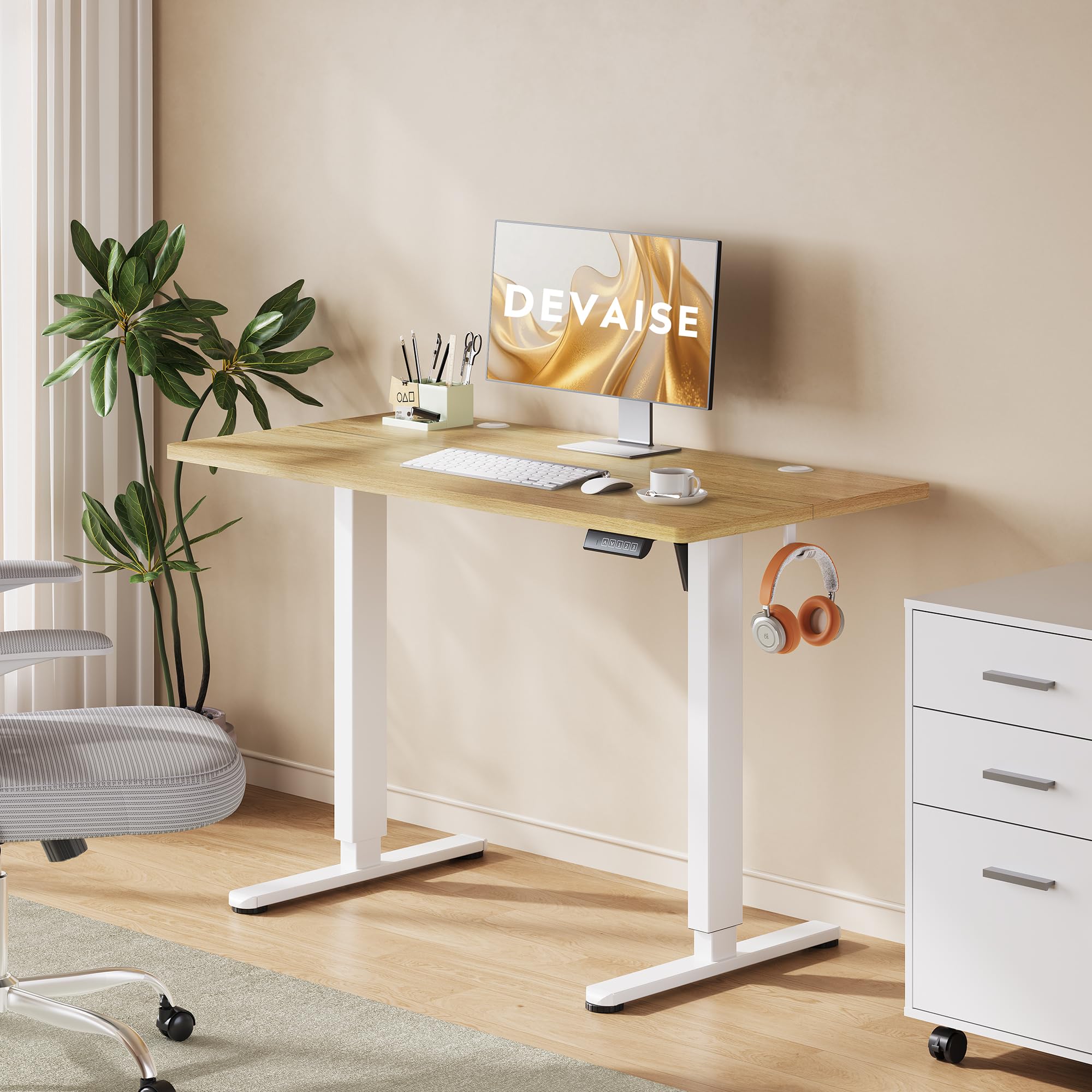 DEVAISE Scrivania Regolabile in Altezza Elettrica 120x60 cm, Scrivania Ufficio Ergonomica con Piano a 2 Sezioni, Funzione Memoria e Sistema Anticollisione, Altezza 72-118 cm,Rovere