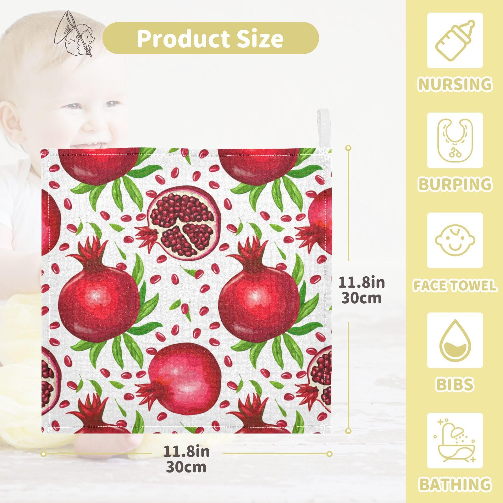 Kigai Red Pomegranate Baby Washcloths,5pcs Ultra Soft Absorbent Towel,Newborn Bath Face Towel, Natural Reusable Baby Wipes for Sensitive Skin, Baby Registry as Shower