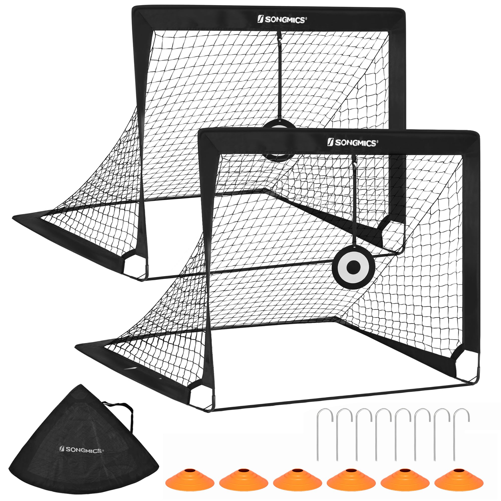 SONGMICS Fußballtor für Kinder, 2er Set, tragbar und faltbar, Garten, Park, Strand, Haltestangen aus Glasfaserstäben