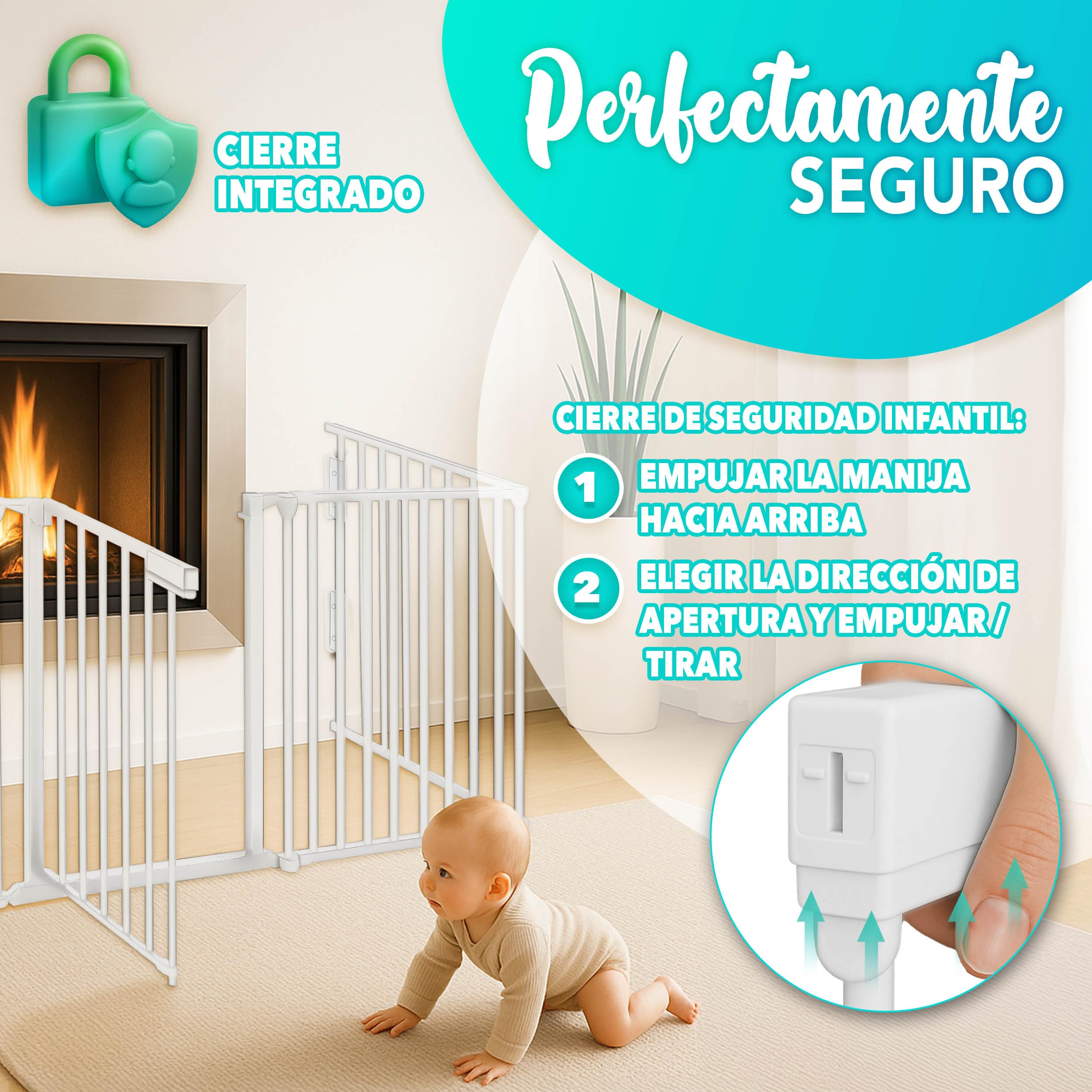 KIDUKU® Barrera de Seguridad 300 cm para Niños y Mascotas | Reja de Protección de Metal - Premontado | Rejilla Protectora Metálica Plegable con Puerta | 5 Paneles
