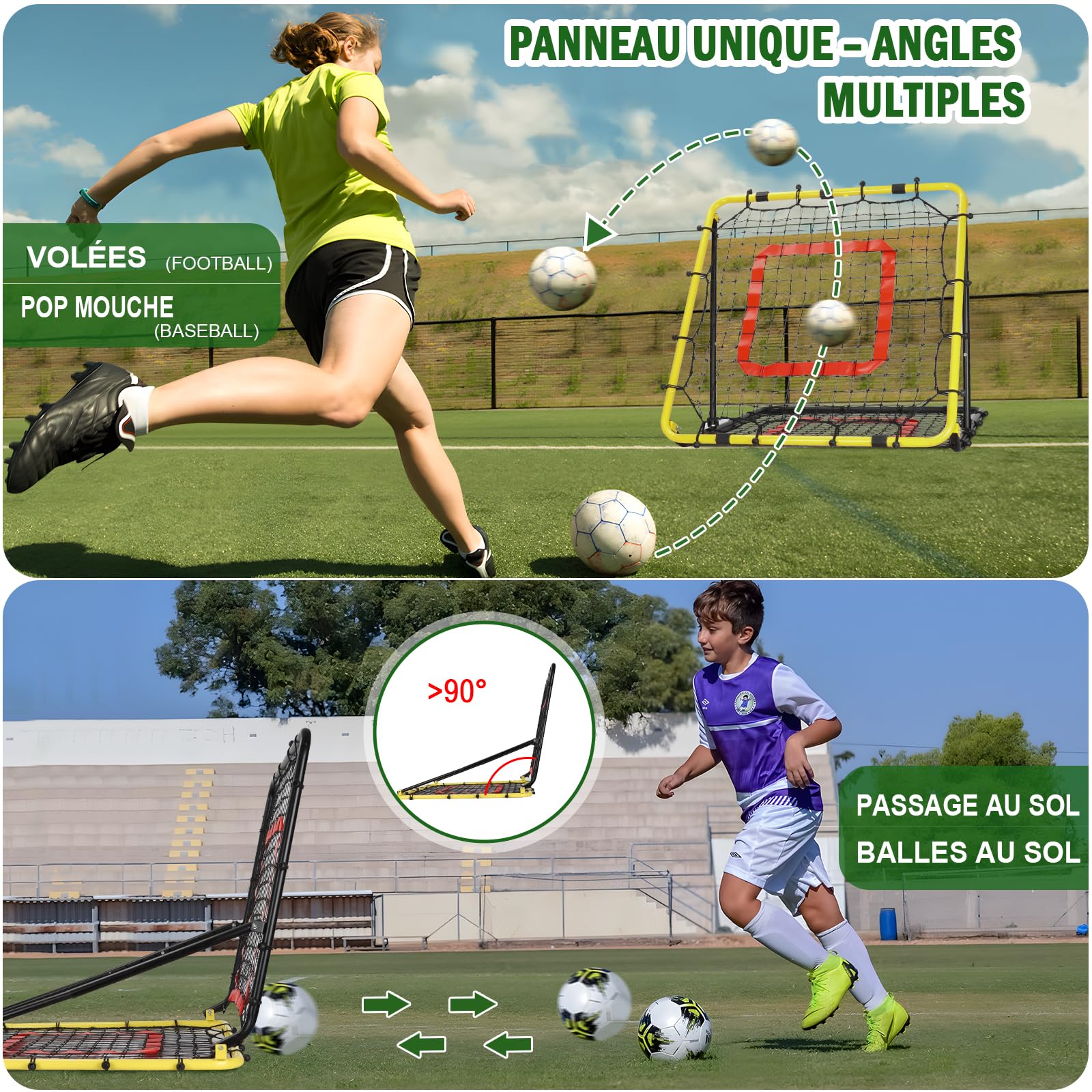BaseGoal Filet de Rebond Football, Ajustable Angle Réglables Rebondisseur de Football Pliable avec Filet Double Couche, Convient pour Entraînement et Plus Varié Enfants et Adolescents