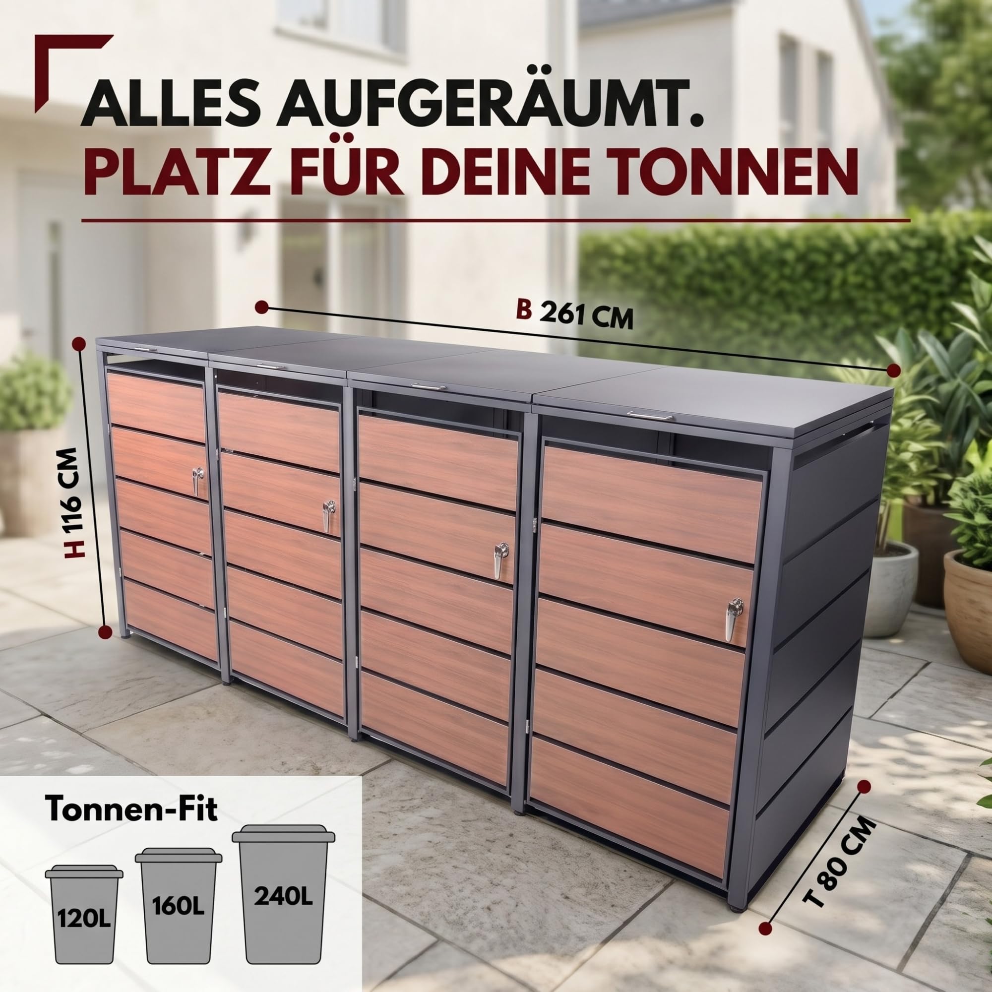 ALBATROS Mülltonnenbox 4er Holzdekor, 120L bis 240L, für Vier Tonnen, Mülltonnenverkleidung aus verzinktem Metall mit Holzoptik, abschließbar, wetterfest, geprüft nach ISO9227, mit Aufkleber Set