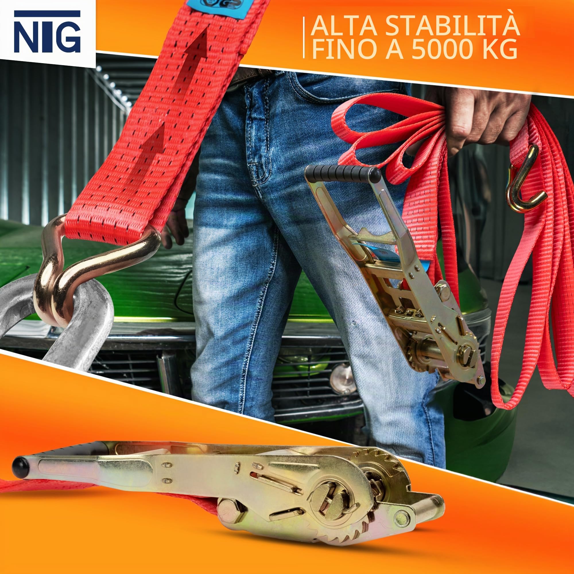 10 cinghie di ancoraggio con cricchetto ergonomico e gancio, 5000 kg, 8 m, 2 pezzi, per camion, TÜV/GS