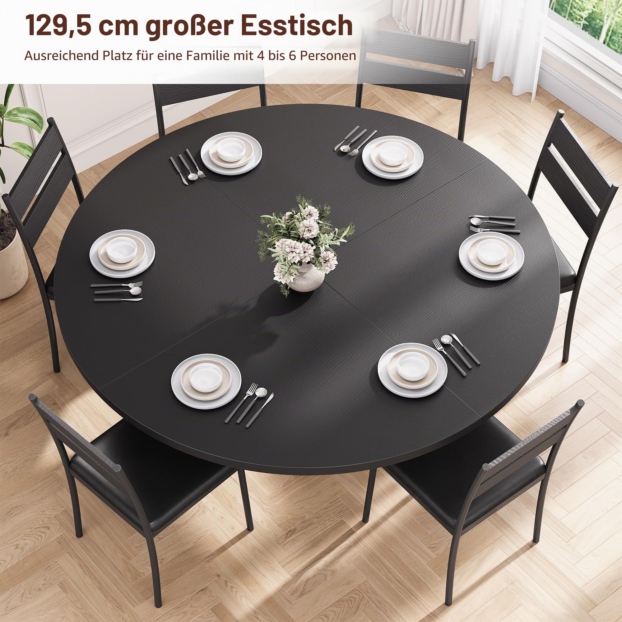 Jocoevol Esstisch Runder für 4-6 Personen, Esszimmertisch mit Ablage, platzsparender Küchentisch aus Holz im Industrial Design (Schwarz, 130x130x76cm)