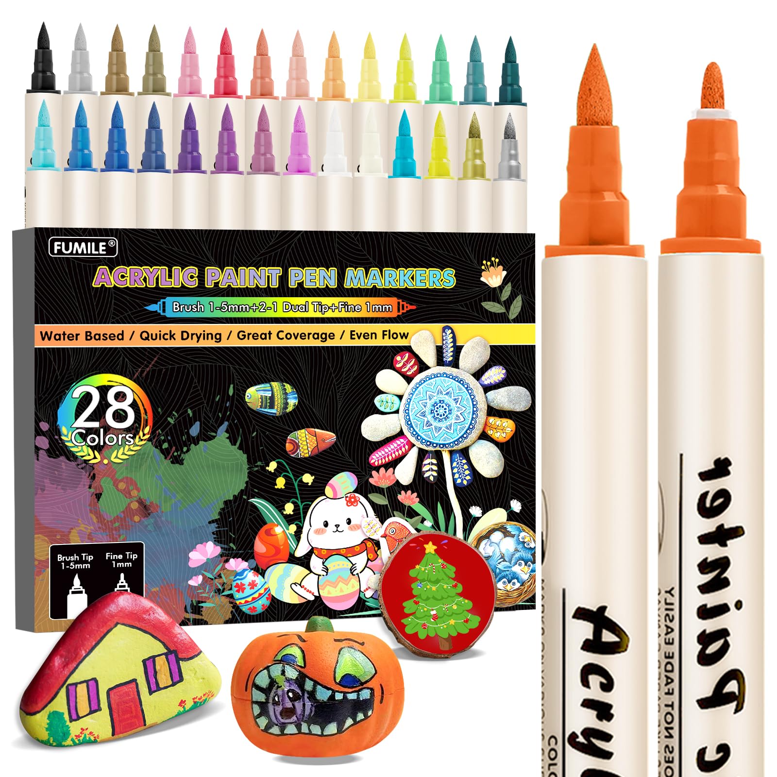 FUMILE 28 Colors Dual Tip Acrylic Paint Marker, Paint Pens paint Markers Fine Tip and Brush Tip for Rock,Wood,Plastic,Glass,Ceramic,Canvas.Acrylic Markers for Adult Coloring Book and Cards