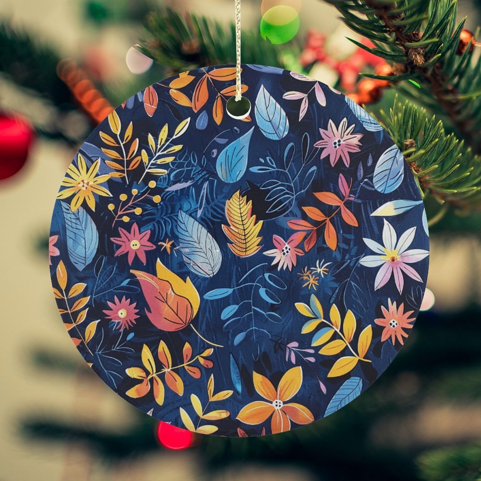 Bright Summer Colors Christmas Ornament for Christmas Tree Ceramic Round Ornament Winter Holiday Keepsake Gift 2.7" Christmas Tree Hanging Decorations Circle Ceramic Pendant Xmas Gift