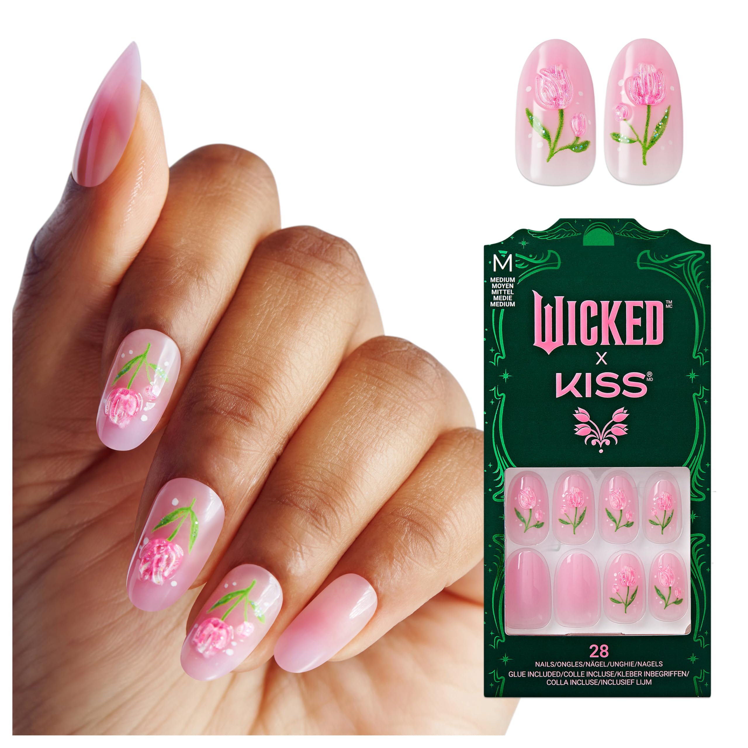 WICKED X KISS Press On Nails, ‘Bloom in Land’, Pink, Medium Oval, Waterproof, Chip Proof, Smudge Proof, 28 Fake Nails, Pink Gel Nail Glue (2g), Mini