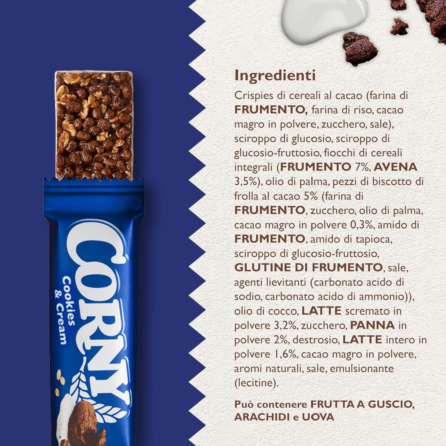 Corny Original 60 Barrette Cereali Cookies & Cream, 10x6x23g | Zero conservanti, senza olio di palma, snack merenda, colazione, gusto biscotto e crema, scuola, in famiglia