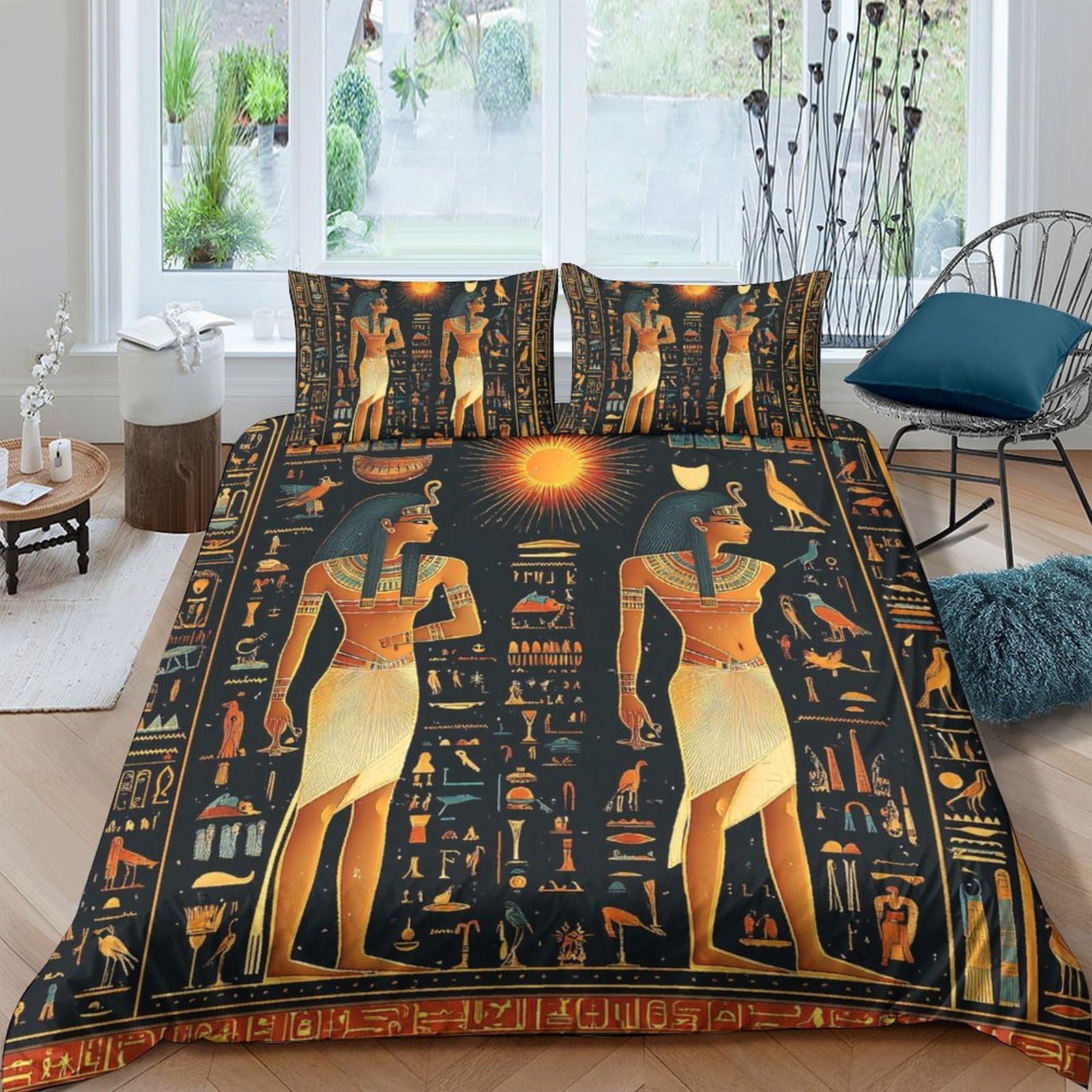GPLZQXKJNH 3D Printed Egyptian Goddess Duvet Cover Microfiber Breathable Ancient Pharaoh Bedding Set with 2 Pillowcases for Bedroom Apartment Decor, Single（135x200cm）