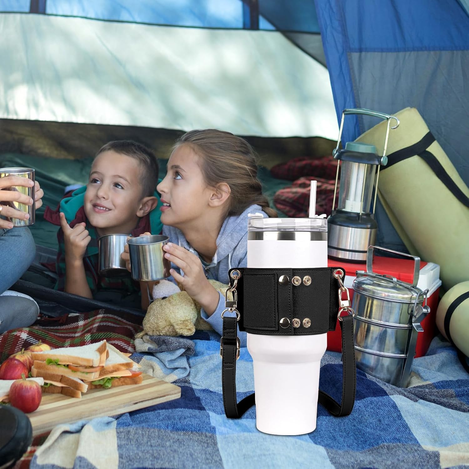 Linkidea Water Bottle Holder with Strap Compatible with Stanley Quencher H2.0 30oz/40oz, Simple Modern 40oz Tumbler, Vegan Leather Waterbottle Bag Holder, Shoulder Strap with Keyring, Black - Image 5